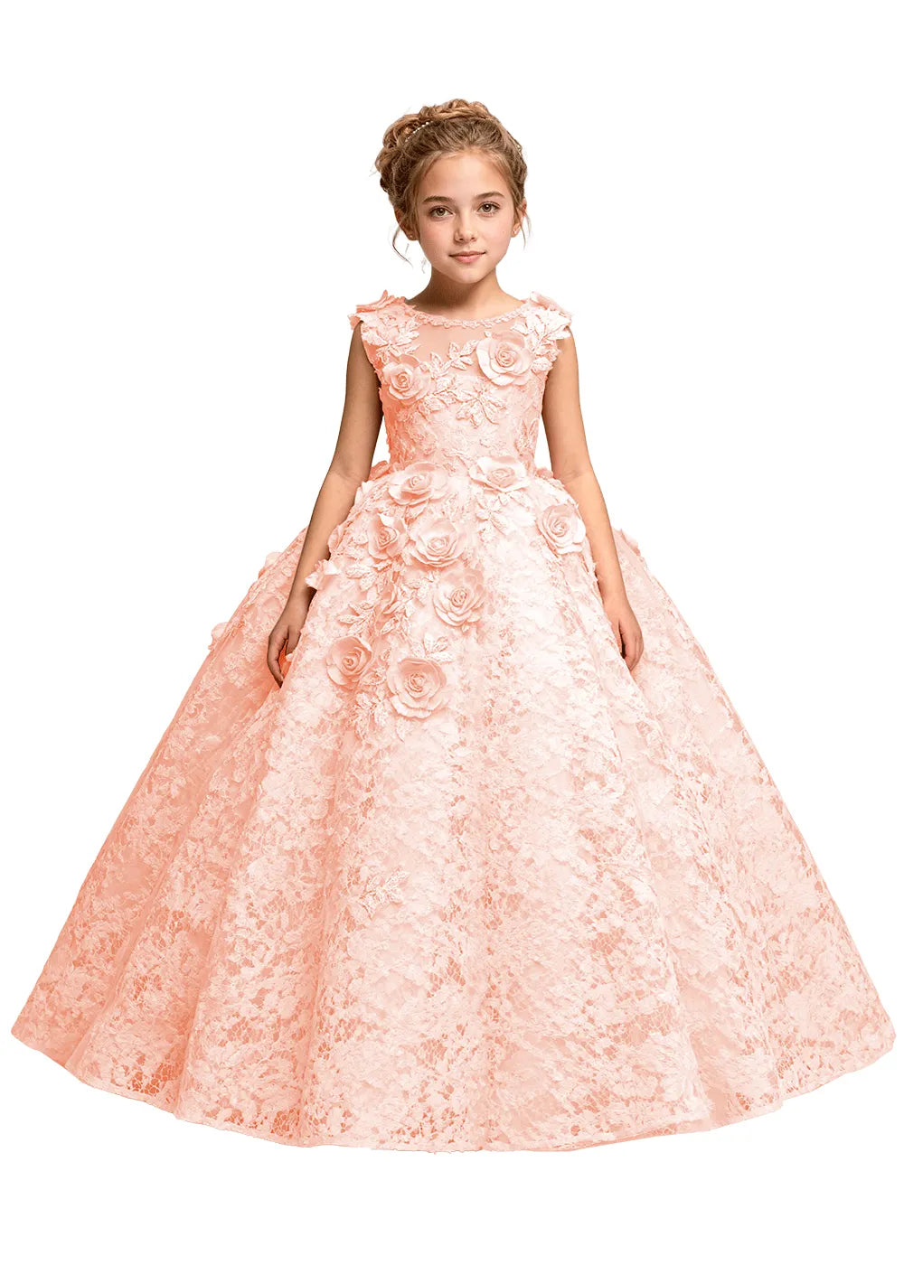 Elegant 3D Flower Applique Tulle Princess Dress for Girls