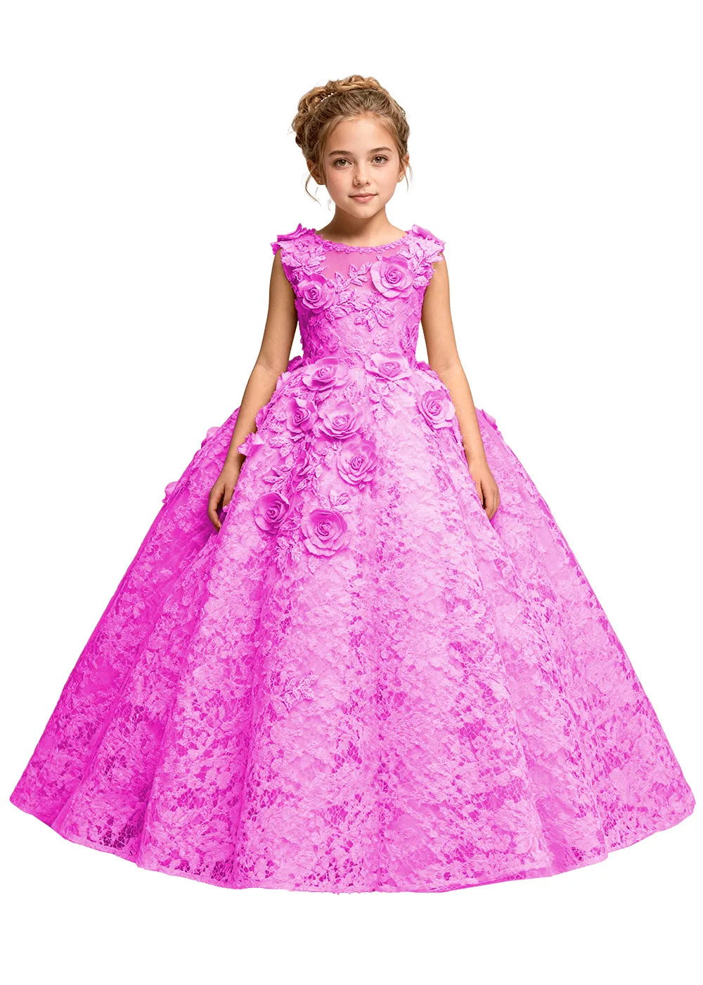 Elegant 3D Flower Applique Tulle Princess Dress for Girls