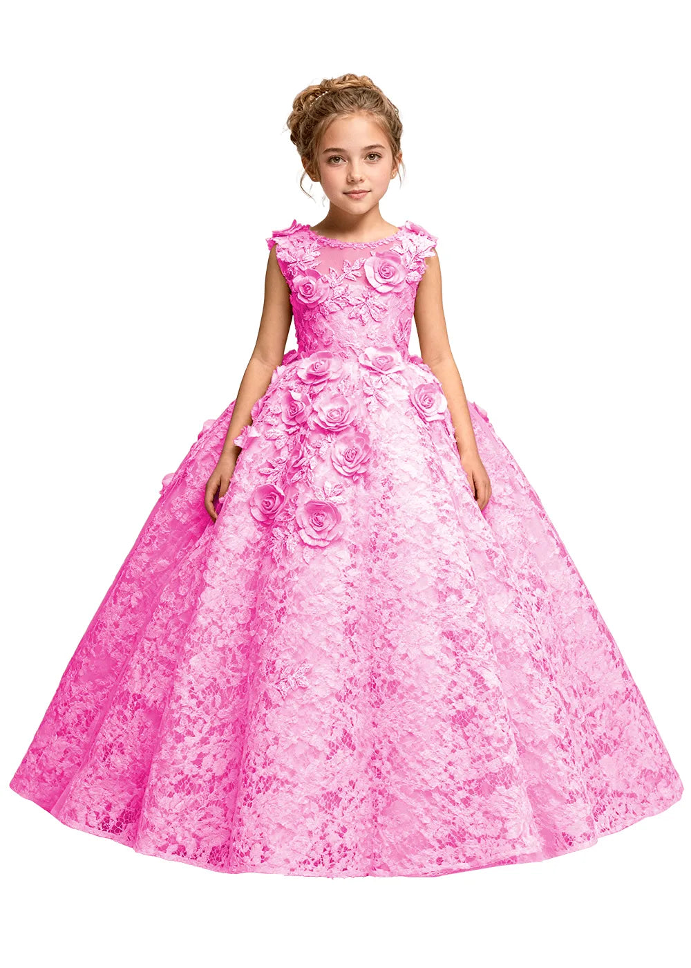 Elegant 3D Flower Applique Tulle Princess Dress for Girls