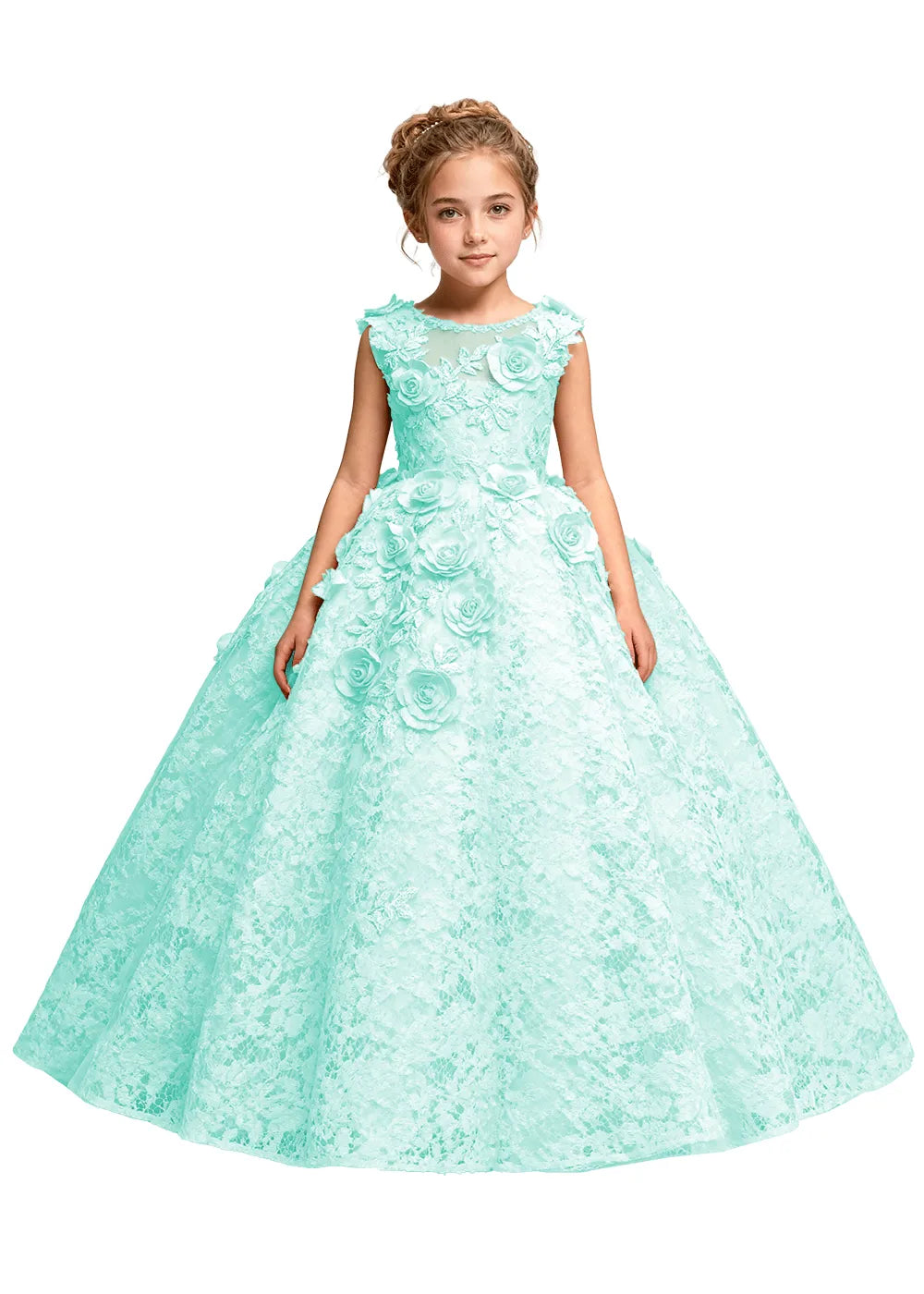 Elegant 3D Flower Applique Tulle Princess Dress for Girls