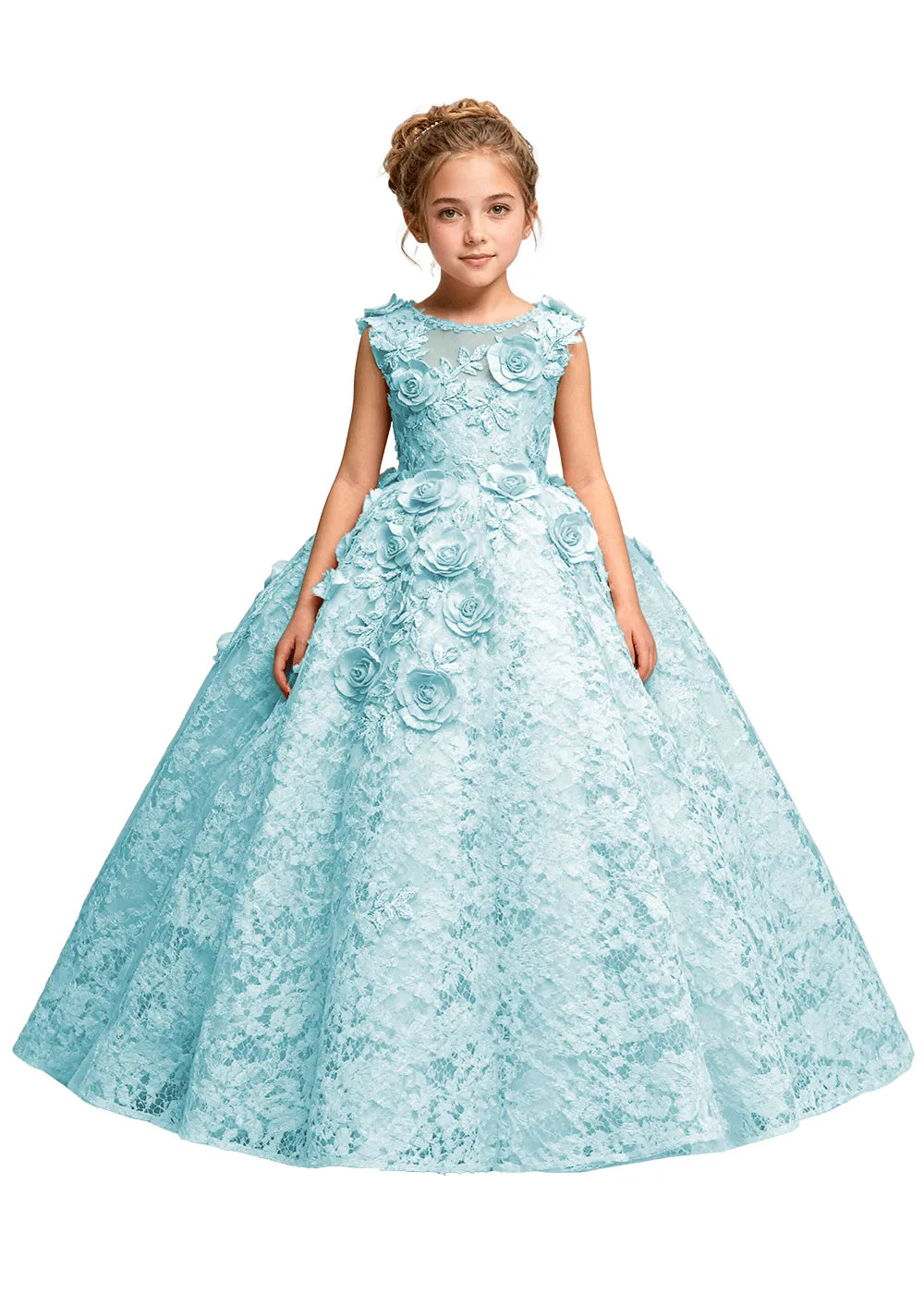 Elegant 3D Flower Applique Tulle Princess Dress for Girls