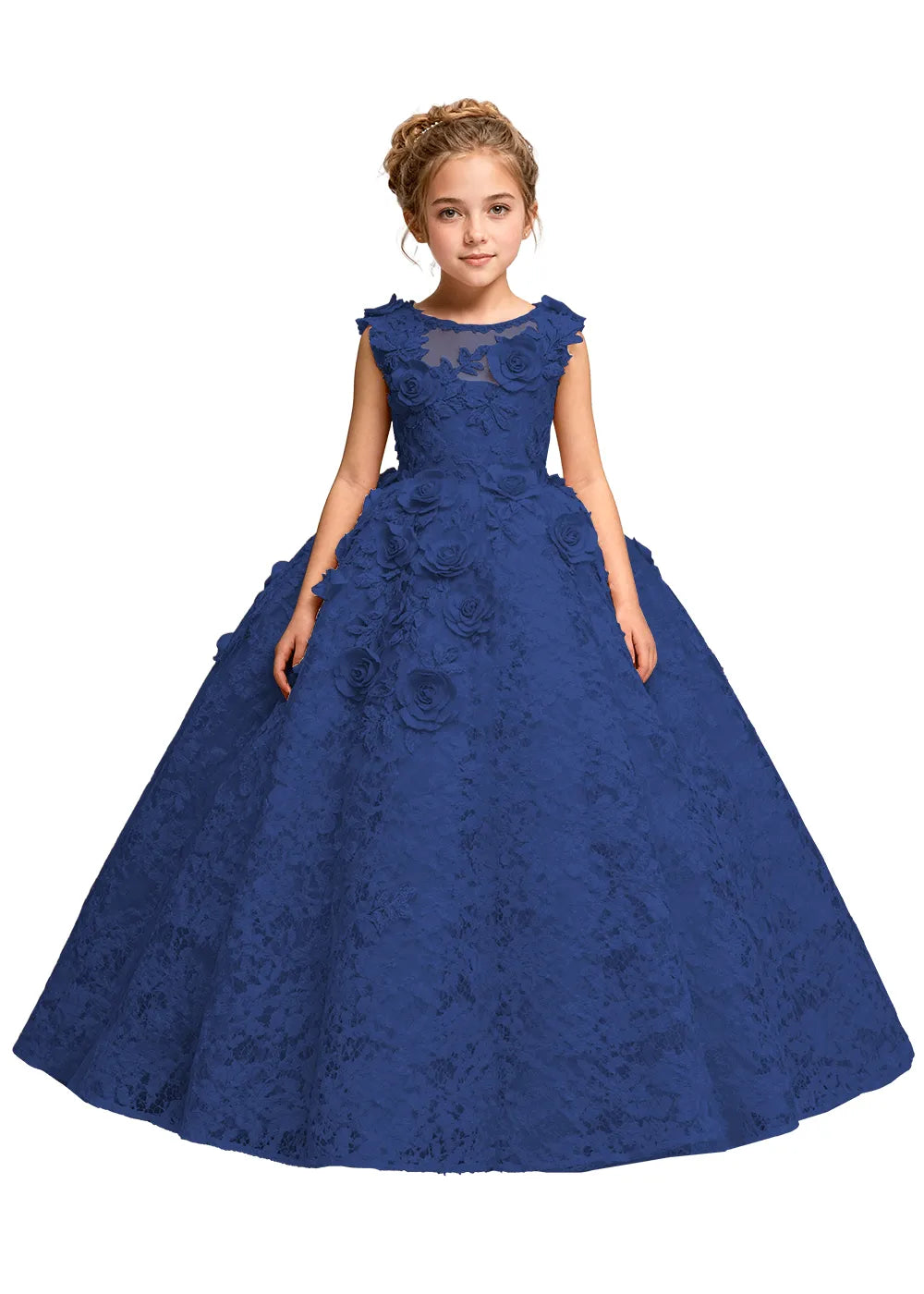 Elegant 3D Flower Applique Tulle Princess Dress for Girls