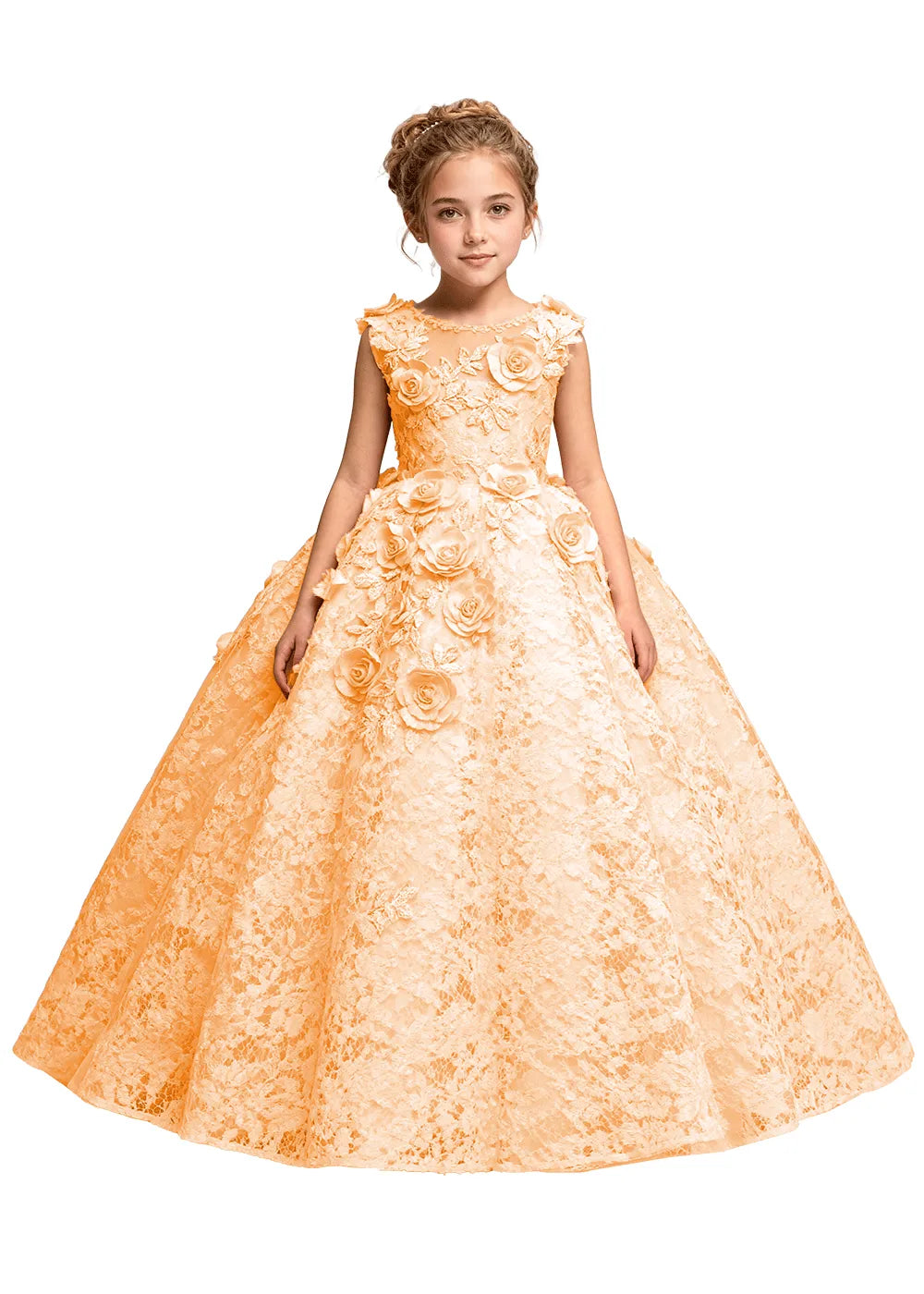 Elegant 3D Flower Applique Tulle Princess Dress for Girls