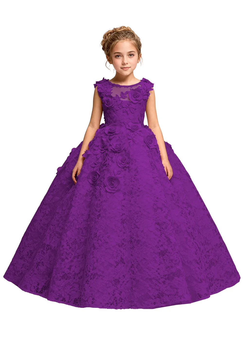 Elegant 3D Flower Applique Tulle Princess Dress for Girls
