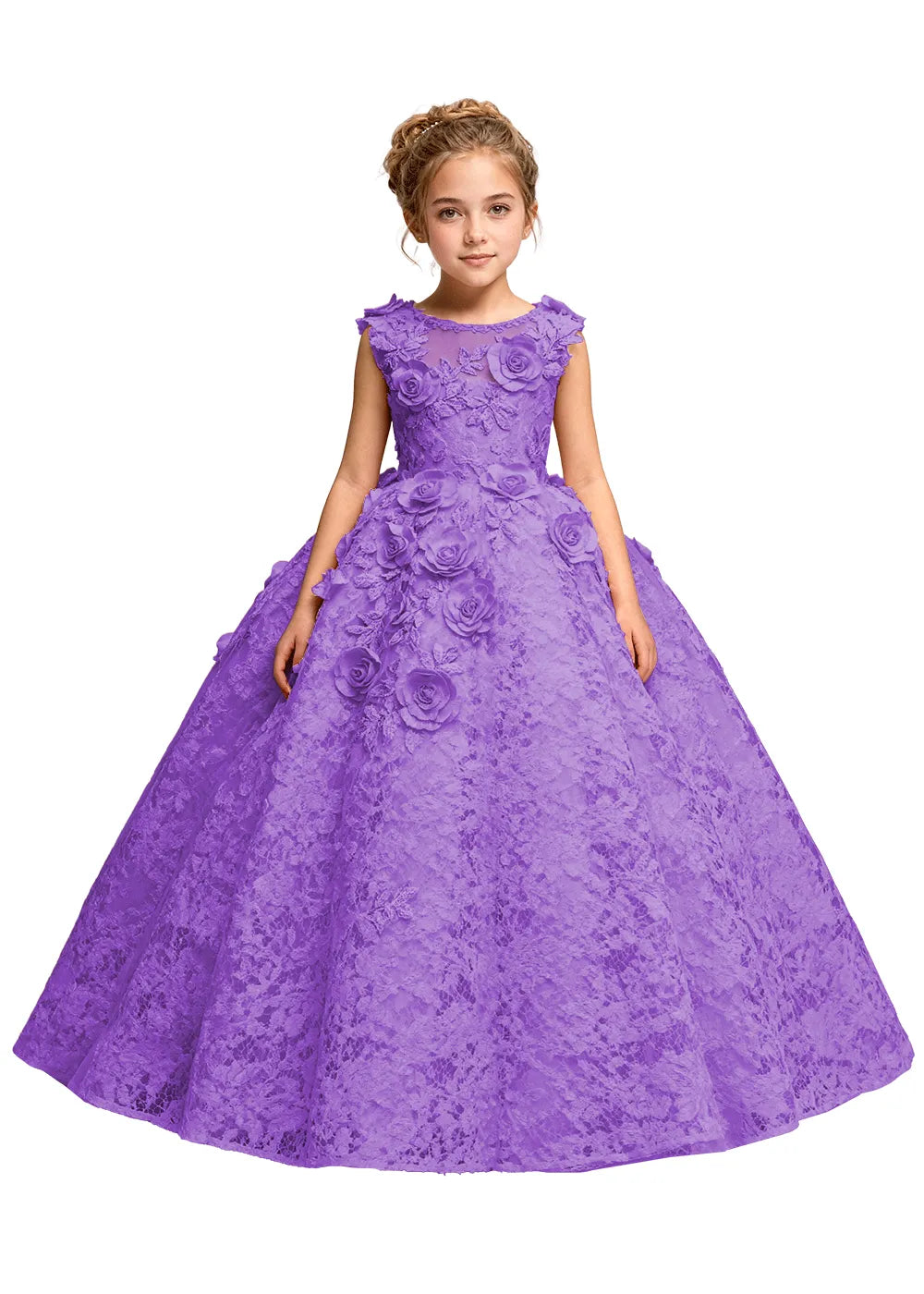 Elegant 3D Flower Applique Tulle Princess Dress for Girls