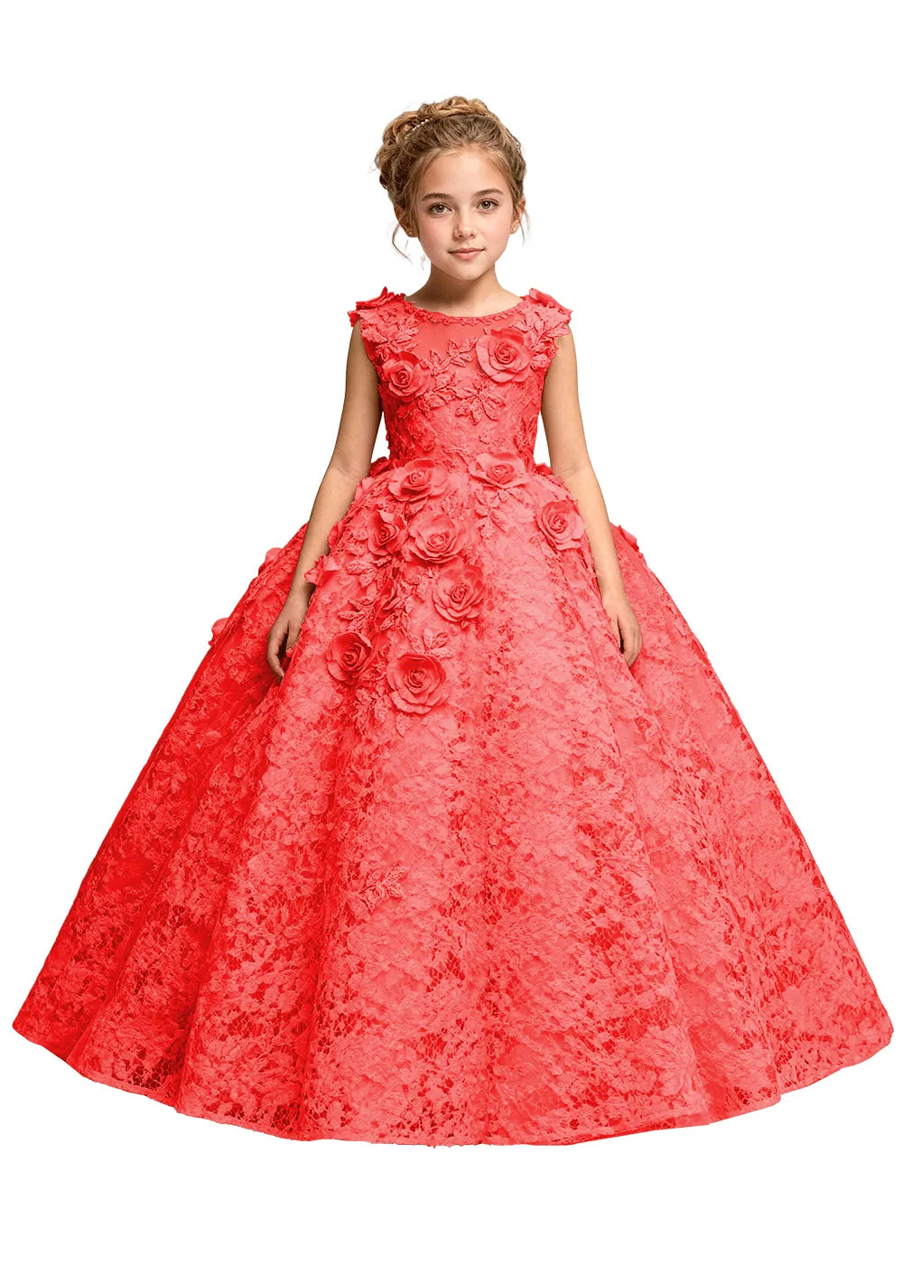Elegant 3D Flower Applique Tulle Princess Dress for Girls