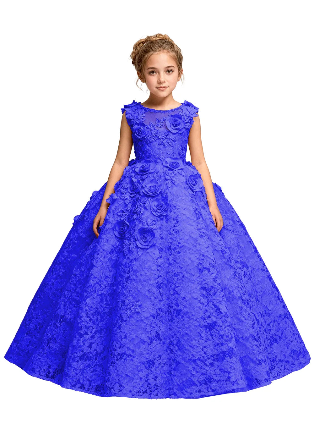 Elegant 3D Flower Applique Tulle Princess Dress for Girls