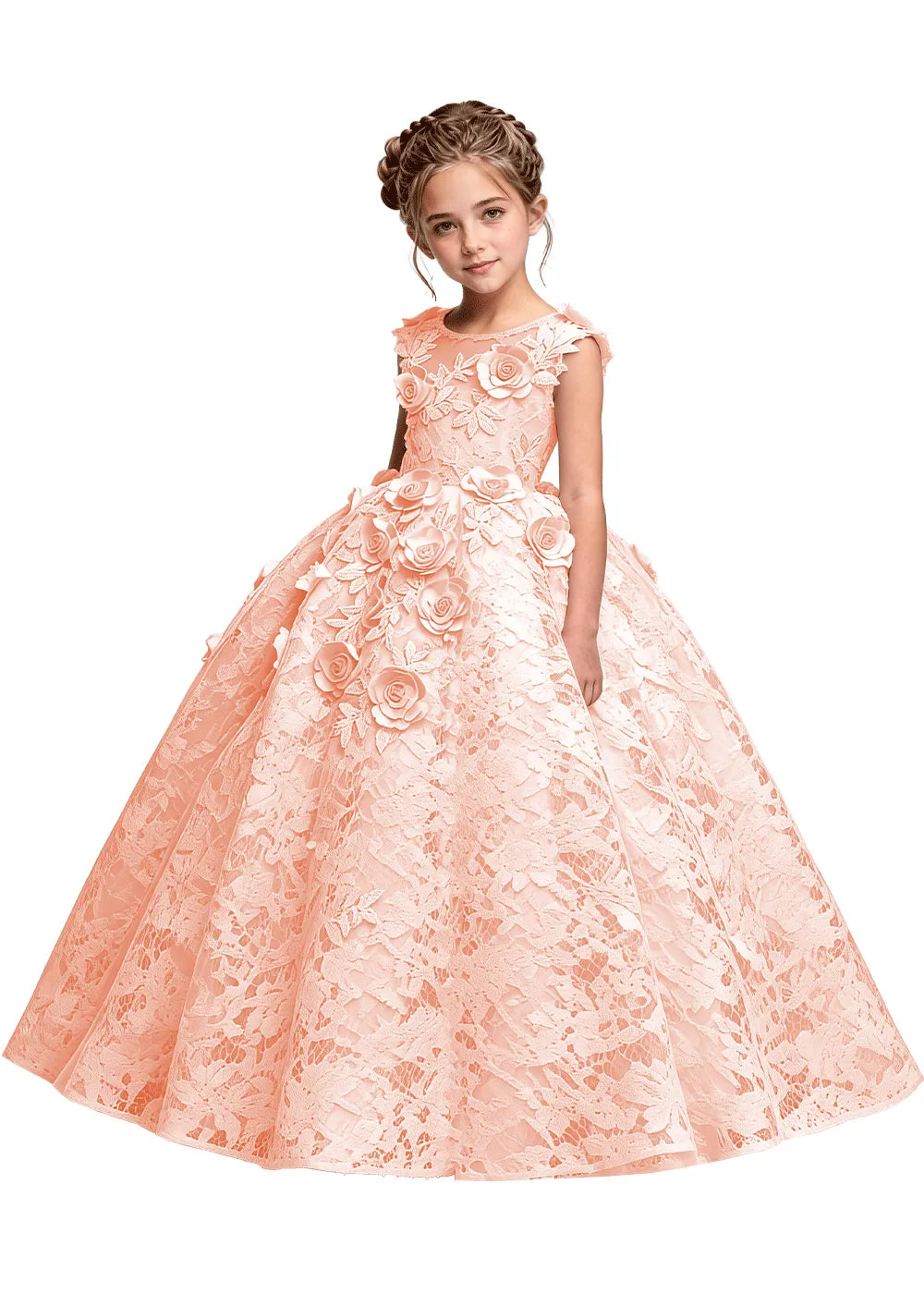 Elegant 3D Flower Applique Tulle Princess Dress for Girls