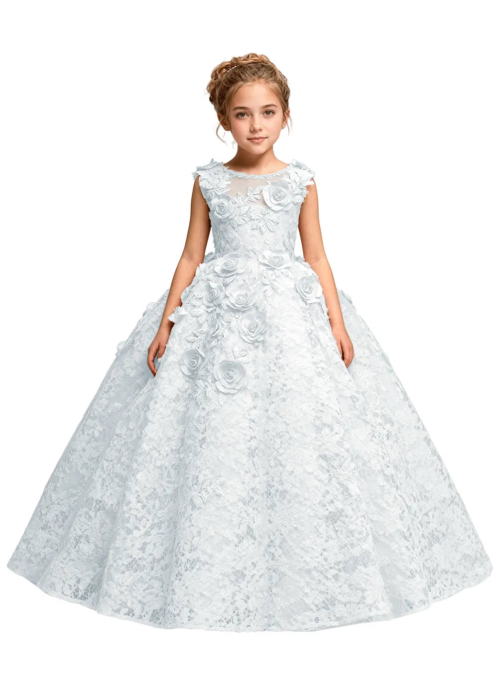 Elegant 3D Flower Applique Tulle Princess Dress for Girls