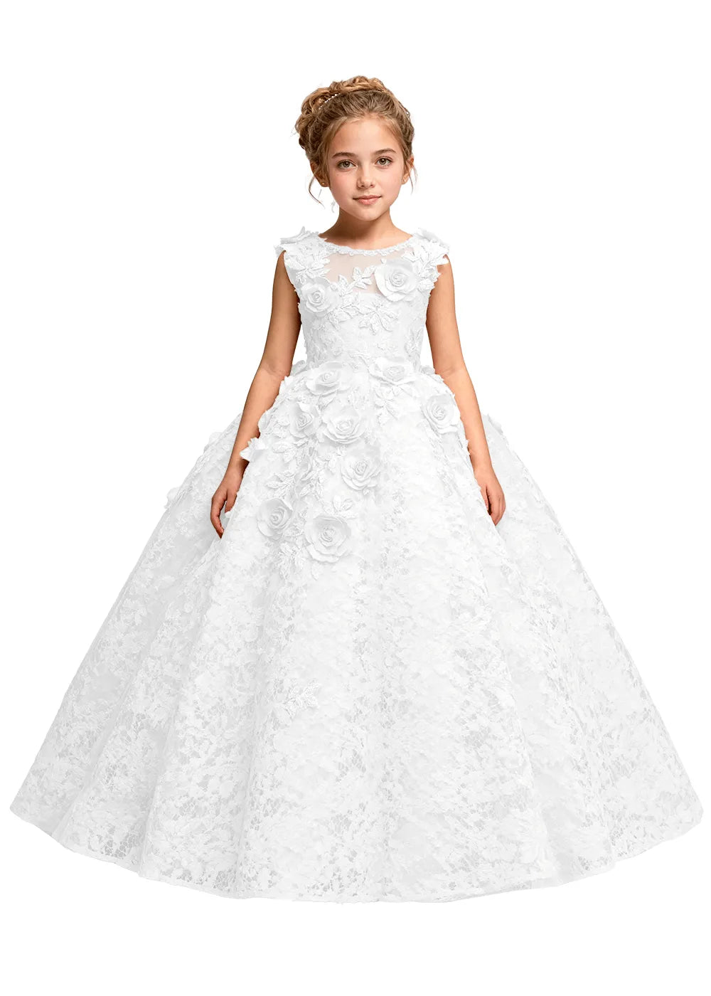 Elegant 3D Flower Applique Tulle Princess Dress for Girls