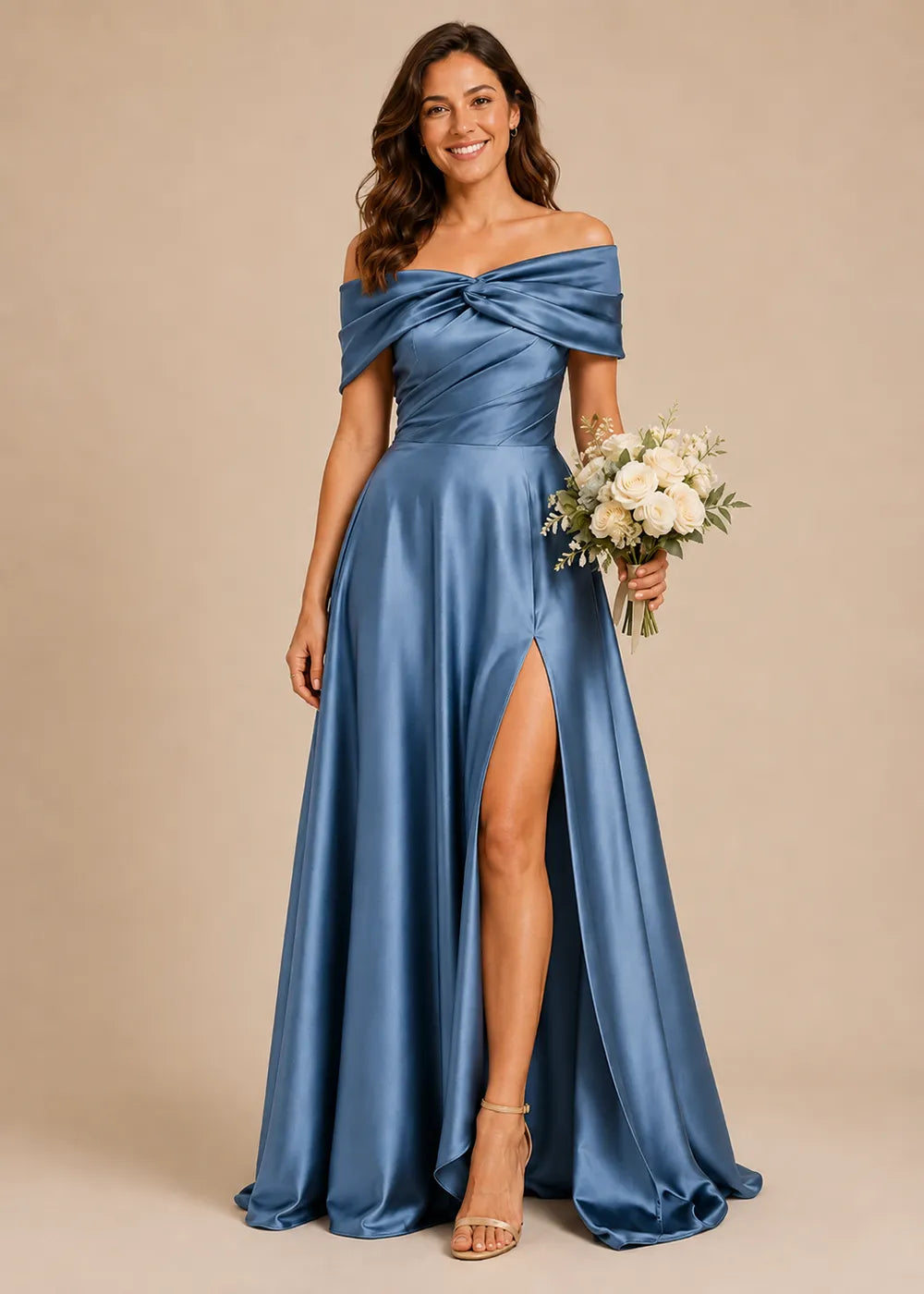 Aurelia Draped Off-Shoulder Satin Evening Gown