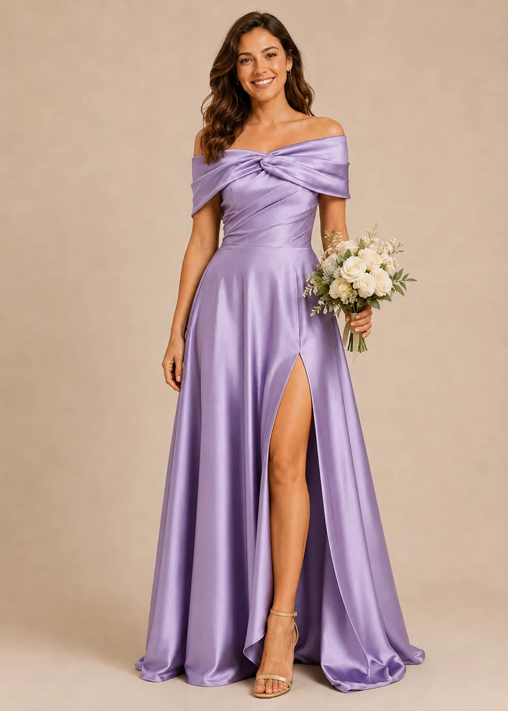 Aurelia Draped Off-Shoulder Satin Evening Gown
