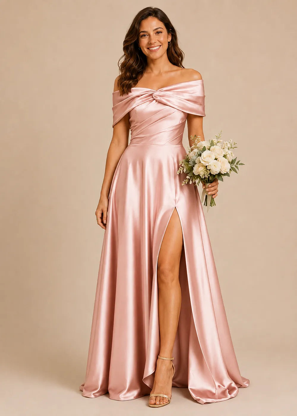Aurelia Draped Off-Shoulder Satin Evening Gown