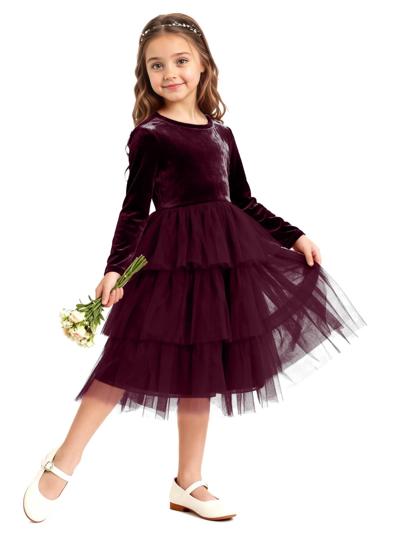 Velvet Ruffle Tulle Girls Party Dress