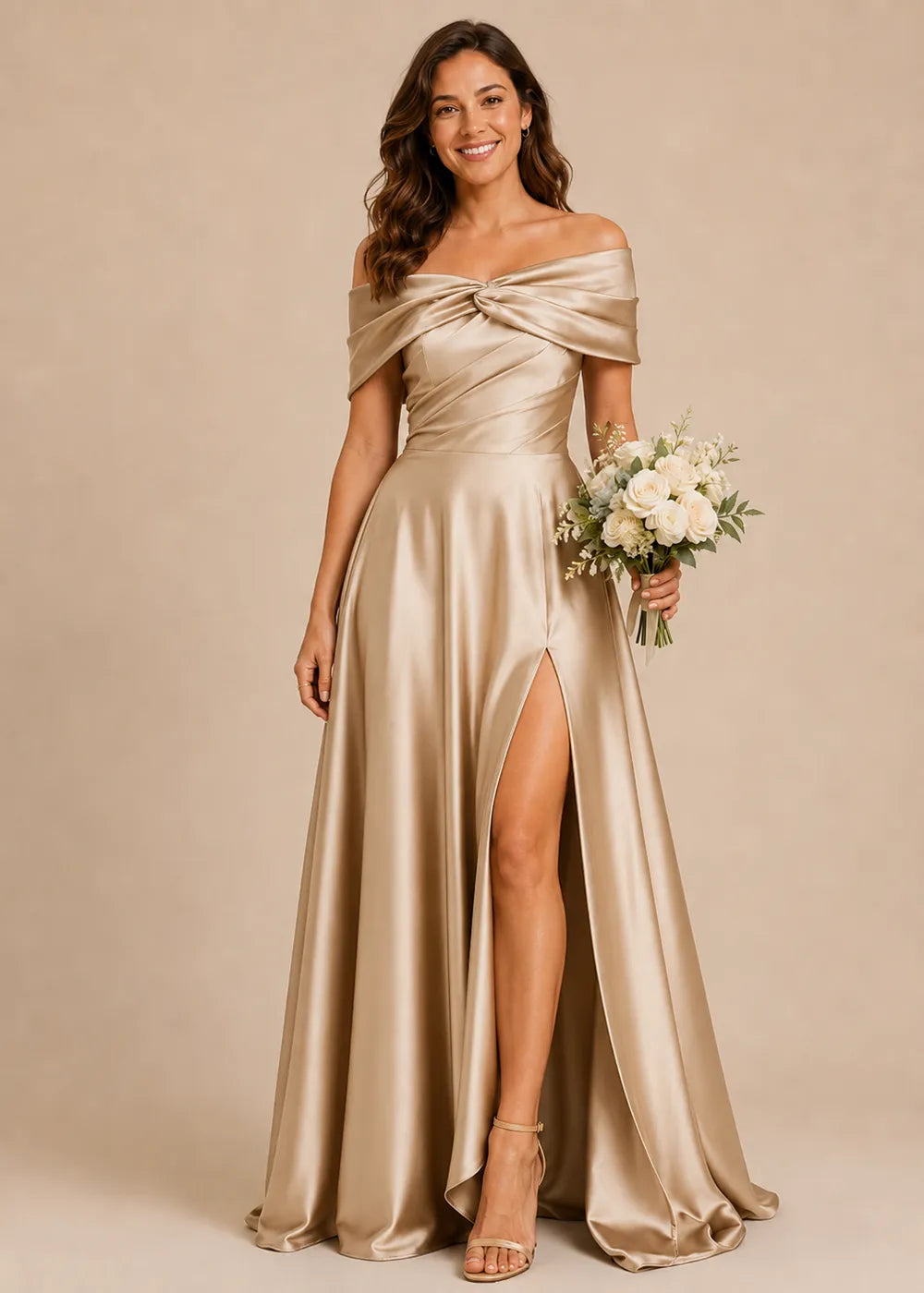 Aurelia Draped Off-Shoulder Satin Evening Gown