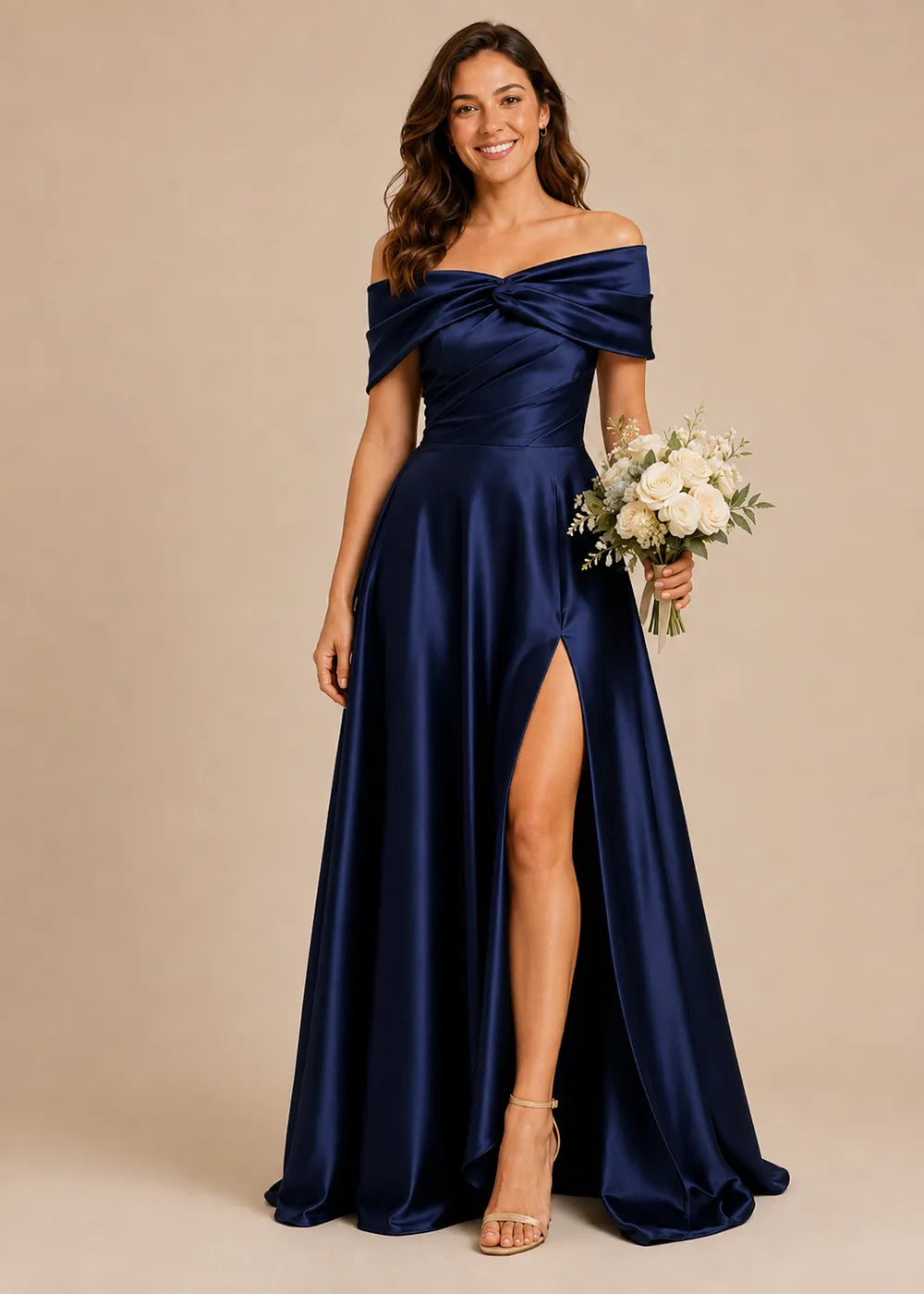 Aurelia Draped Off-Shoulder Satin Evening Gown