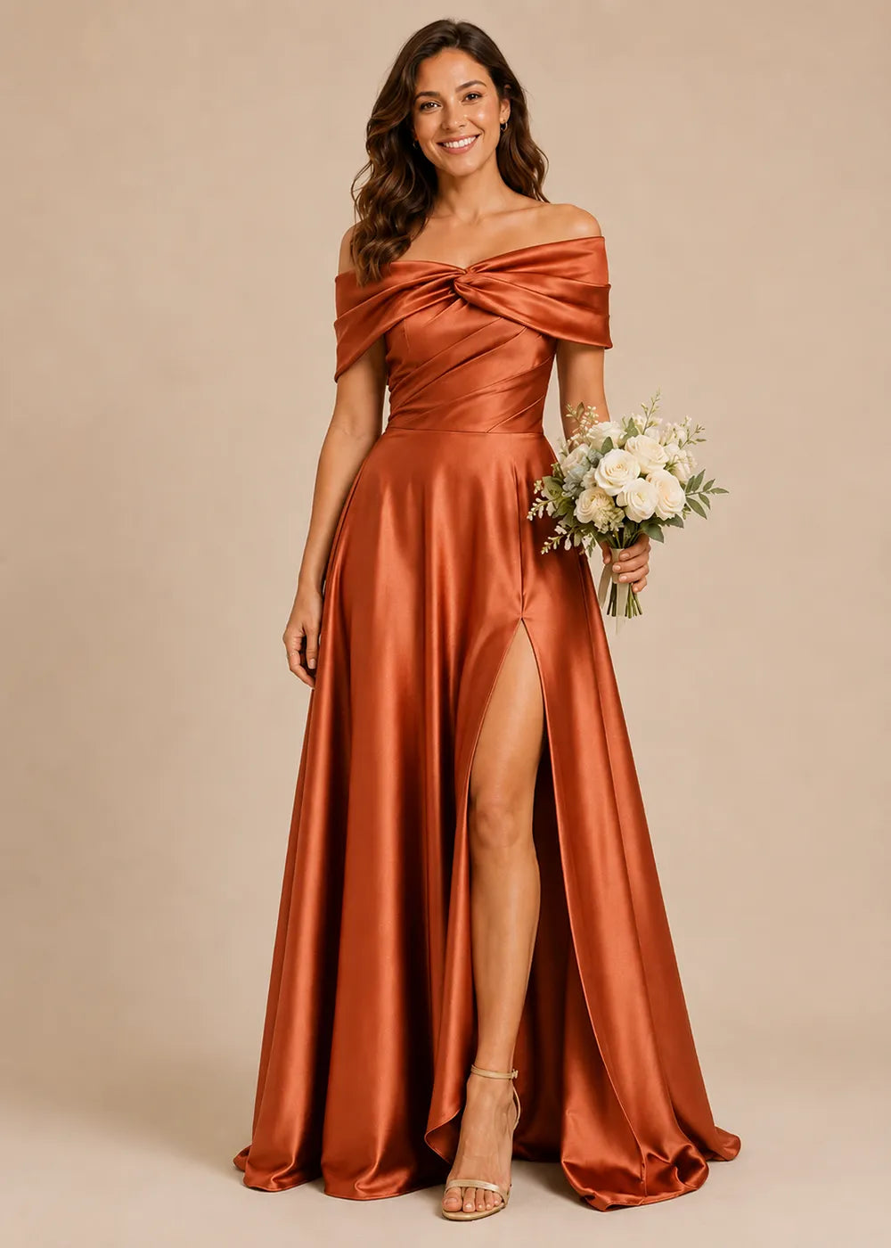 Aurelia Draped Off-Shoulder Satin Evening Gown