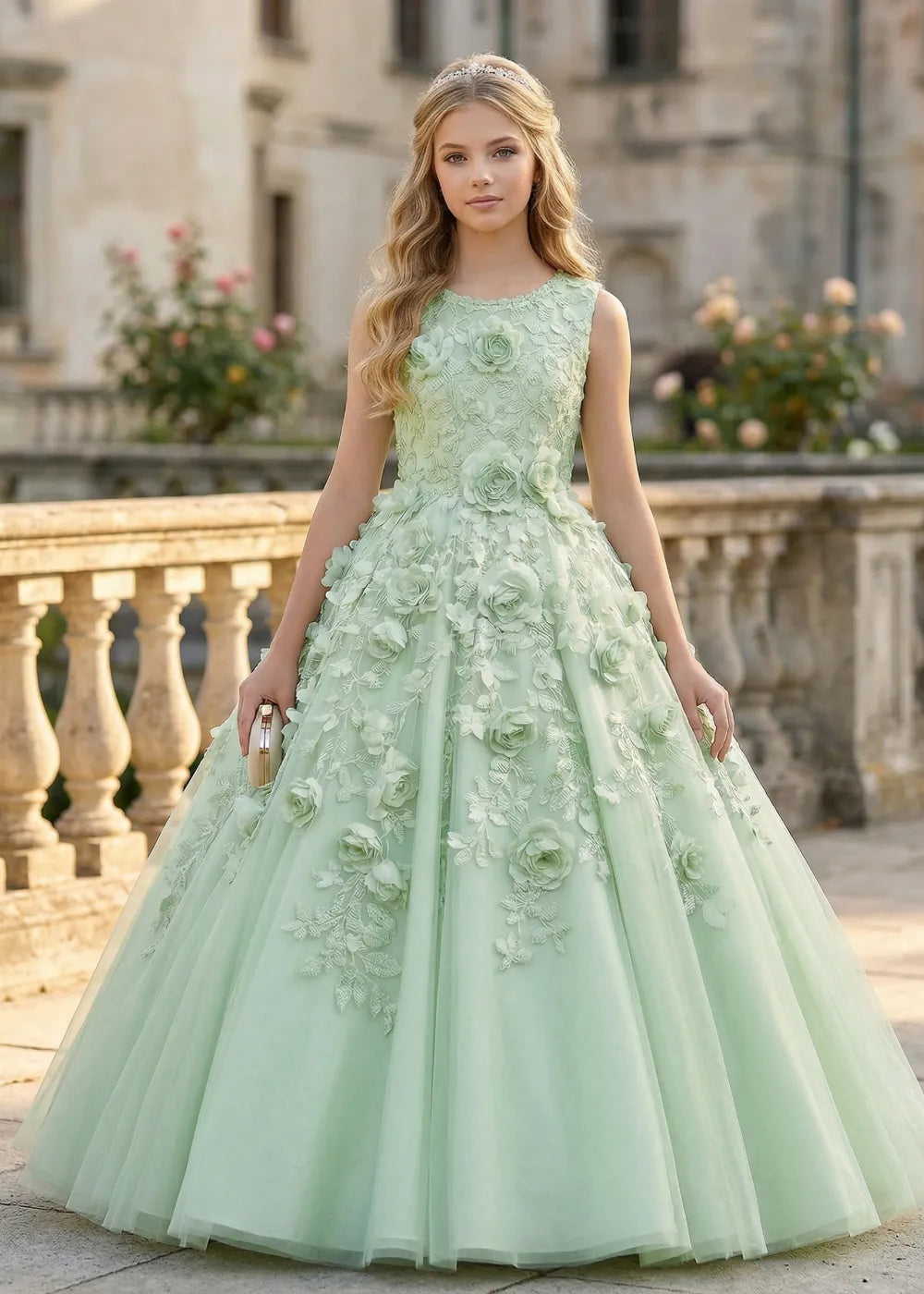 Lace Bodice Floral Tulle Princess Wedding Party Dress for Girls