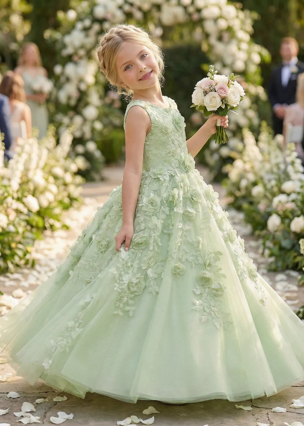Lace Bodice Floral Tulle Princess Wedding Party Dress for Girls