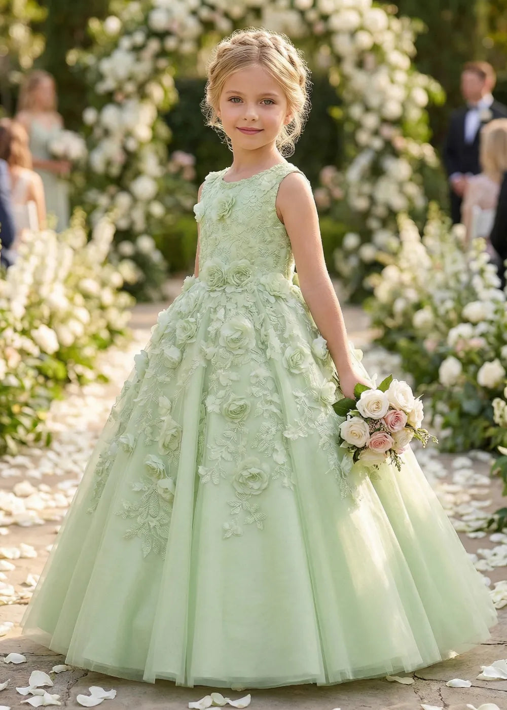 Lace Bodice Floral Tulle Princess Wedding Party Dress for Girls