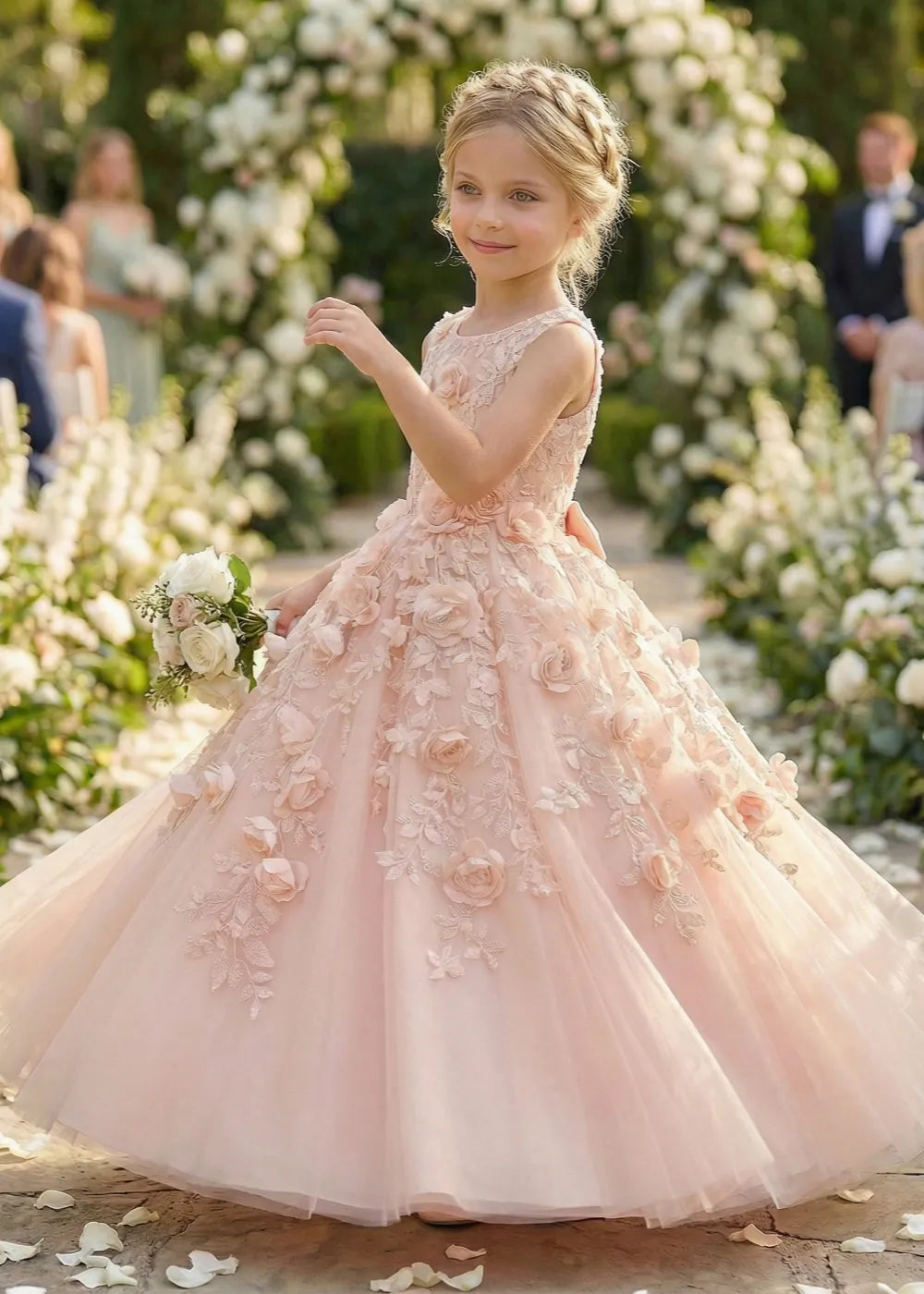Lace Bodice Floral Tulle Princess Wedding Party Dress for Girls
