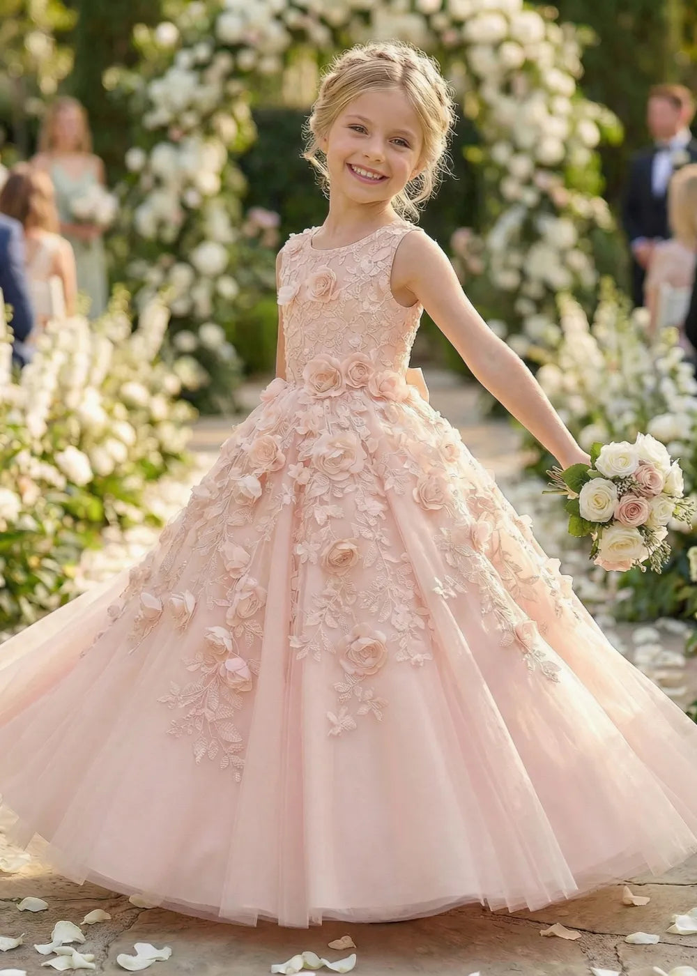 Lace Bodice Floral Tulle Princess Wedding Party Dress for Girls