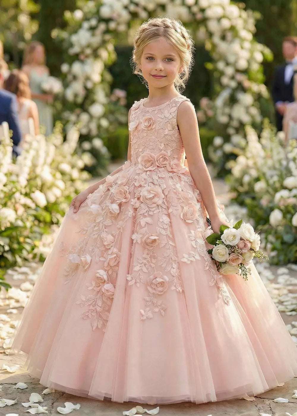 Lace Bodice Floral Tulle Princess Wedding Party Dress for Girls
