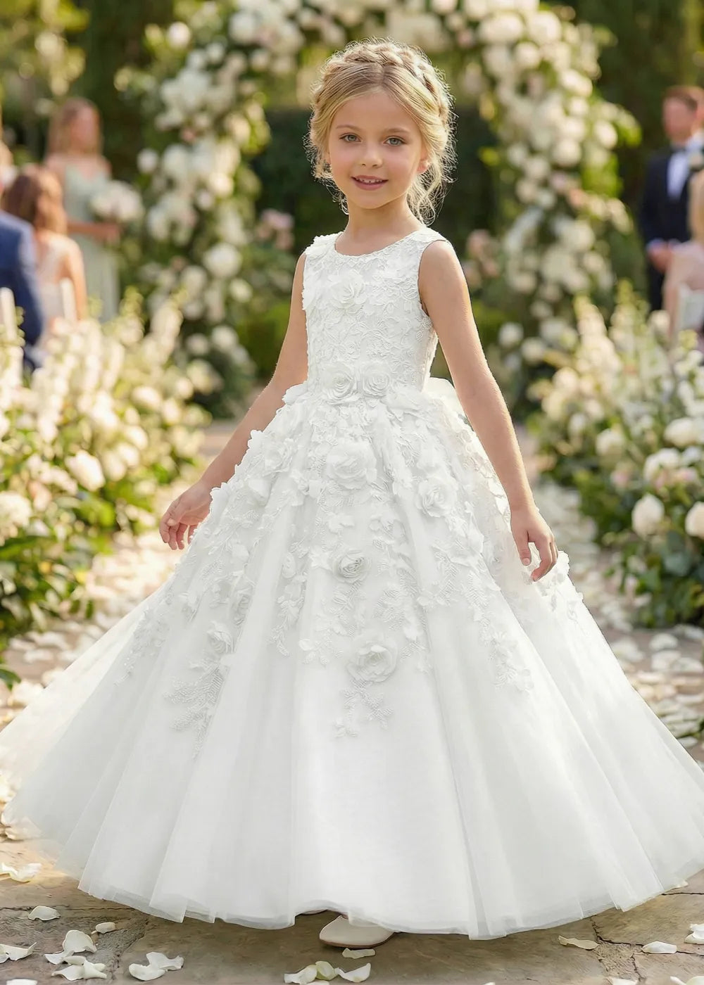 Lace Bodice Floral Tulle Princess Wedding Party Dress for Girls
