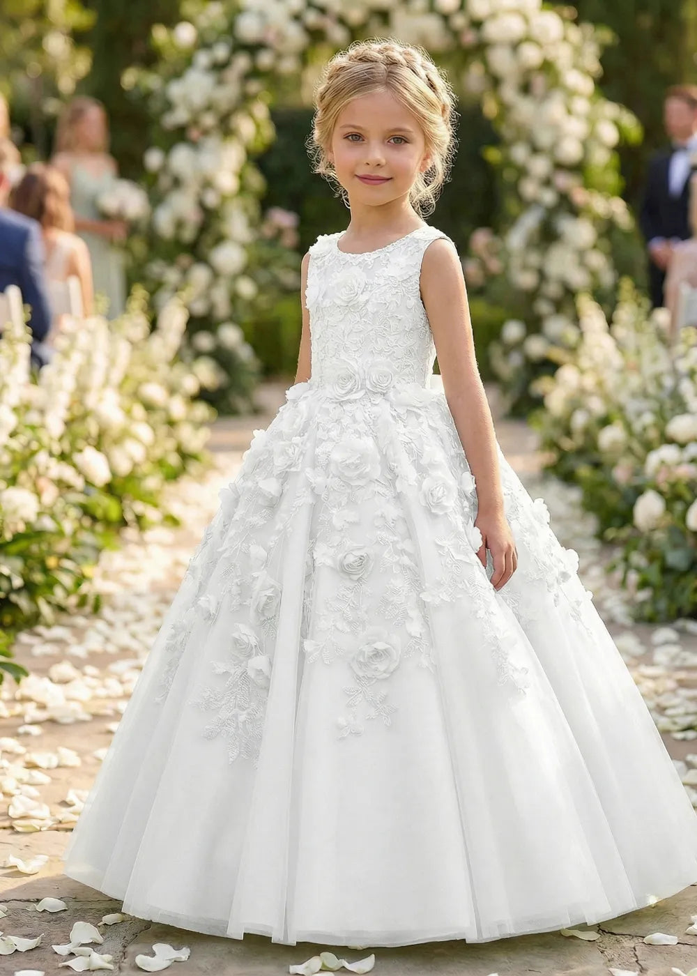 Lace Bodice Floral Tulle Princess Wedding Party Dress for Girls