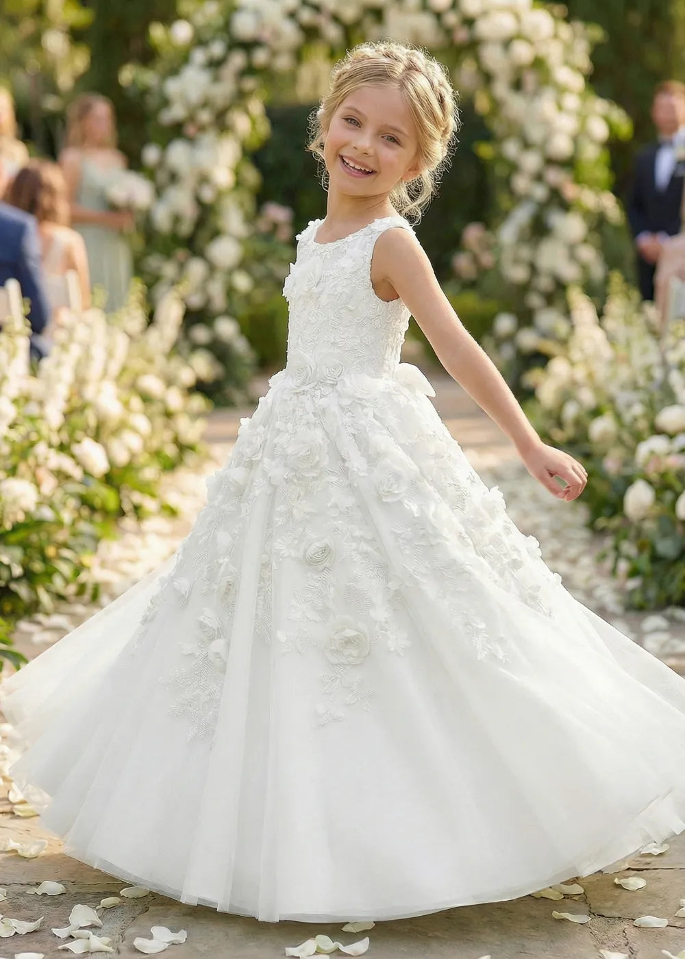 Lace Bodice Floral Tulle Princess Wedding Party Dress for Girls