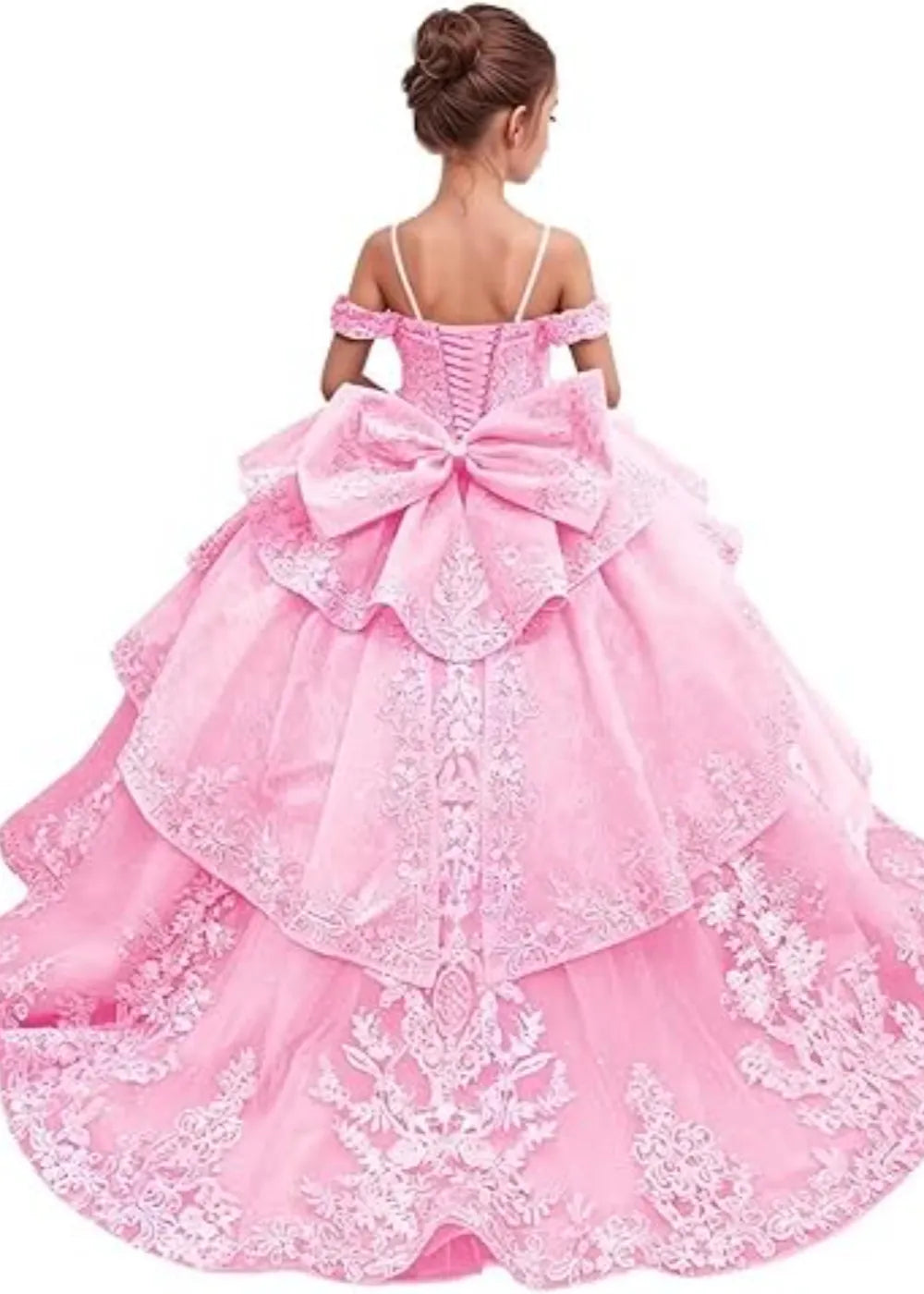 Lace Applique Flower Girl Dress Tiered Tulle Ball Gown with Bow