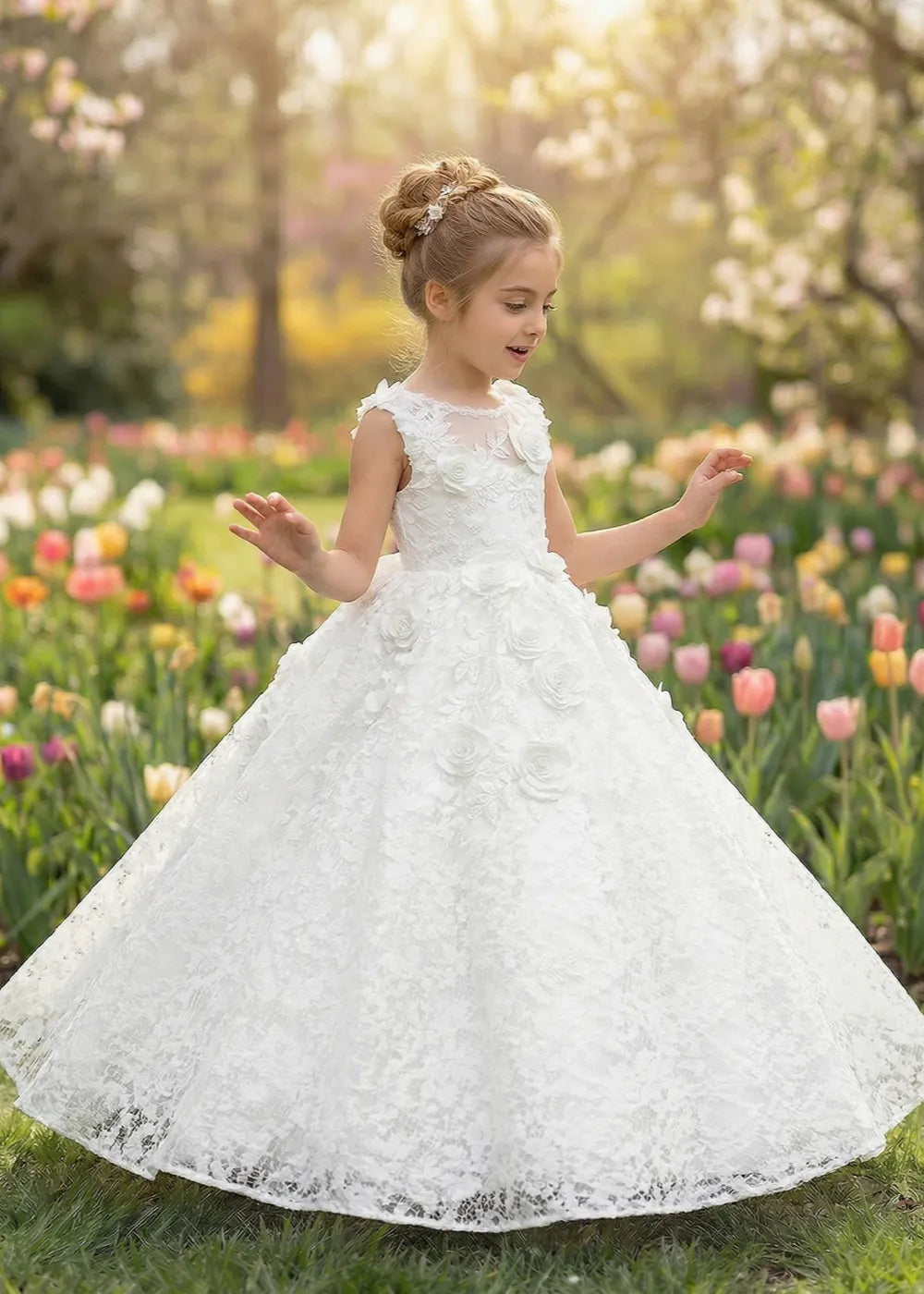 Elegant Lace Ball Gown with 3D Rose Appliqué for Kids