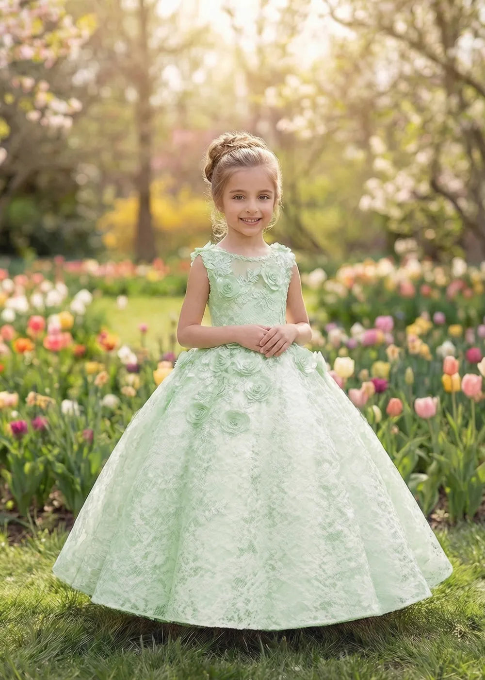 Elegant Lace Ball Gown with 3D Rose Appliqué for Kids