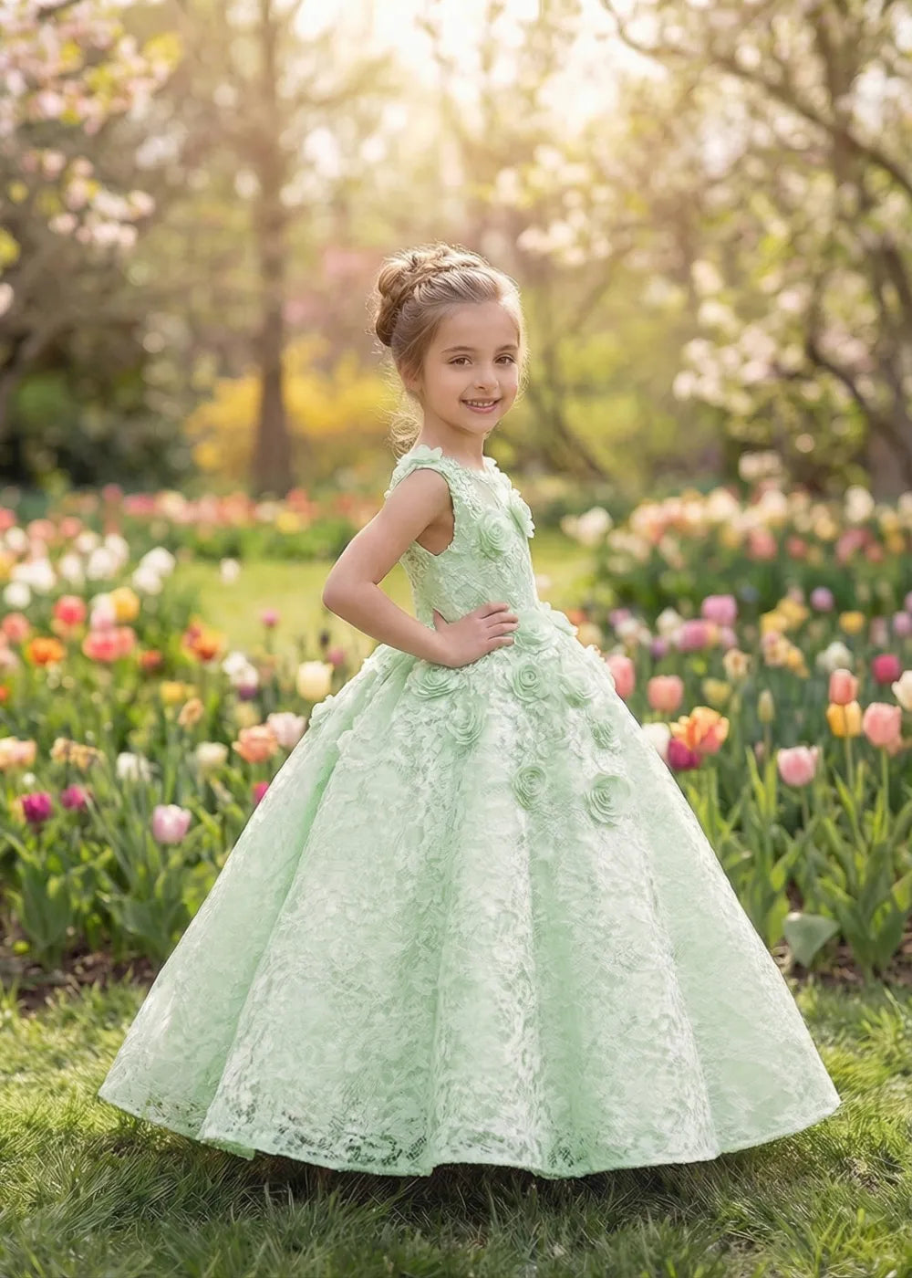 Elegant Lace Ball Gown with 3D Rose Appliqué for Kids