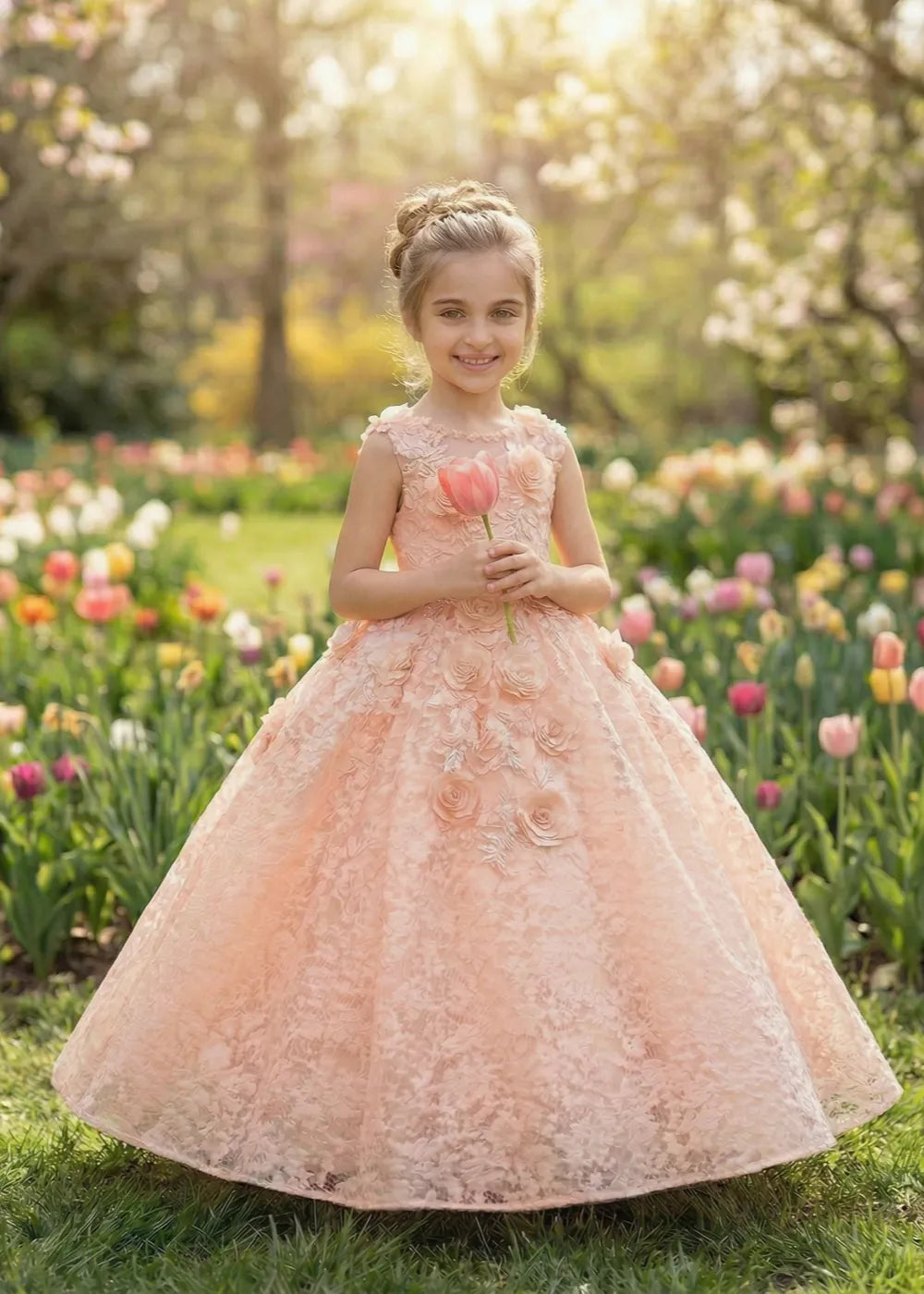 Elegant Lace Ball Gown with 3D Rose Appliqué for Kids