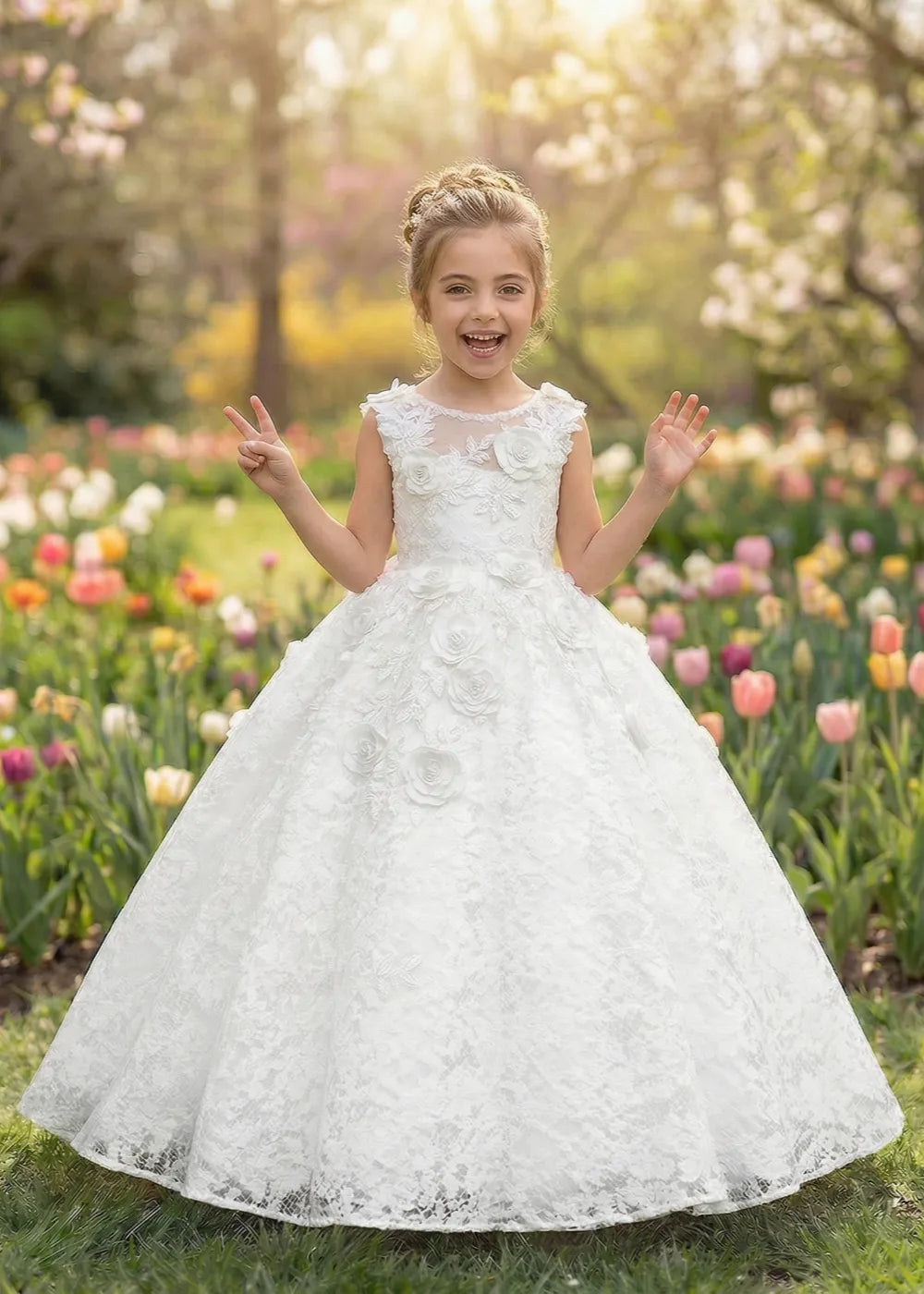 Elegant Lace Ball Gown with 3D Rose Appliqué for Kids