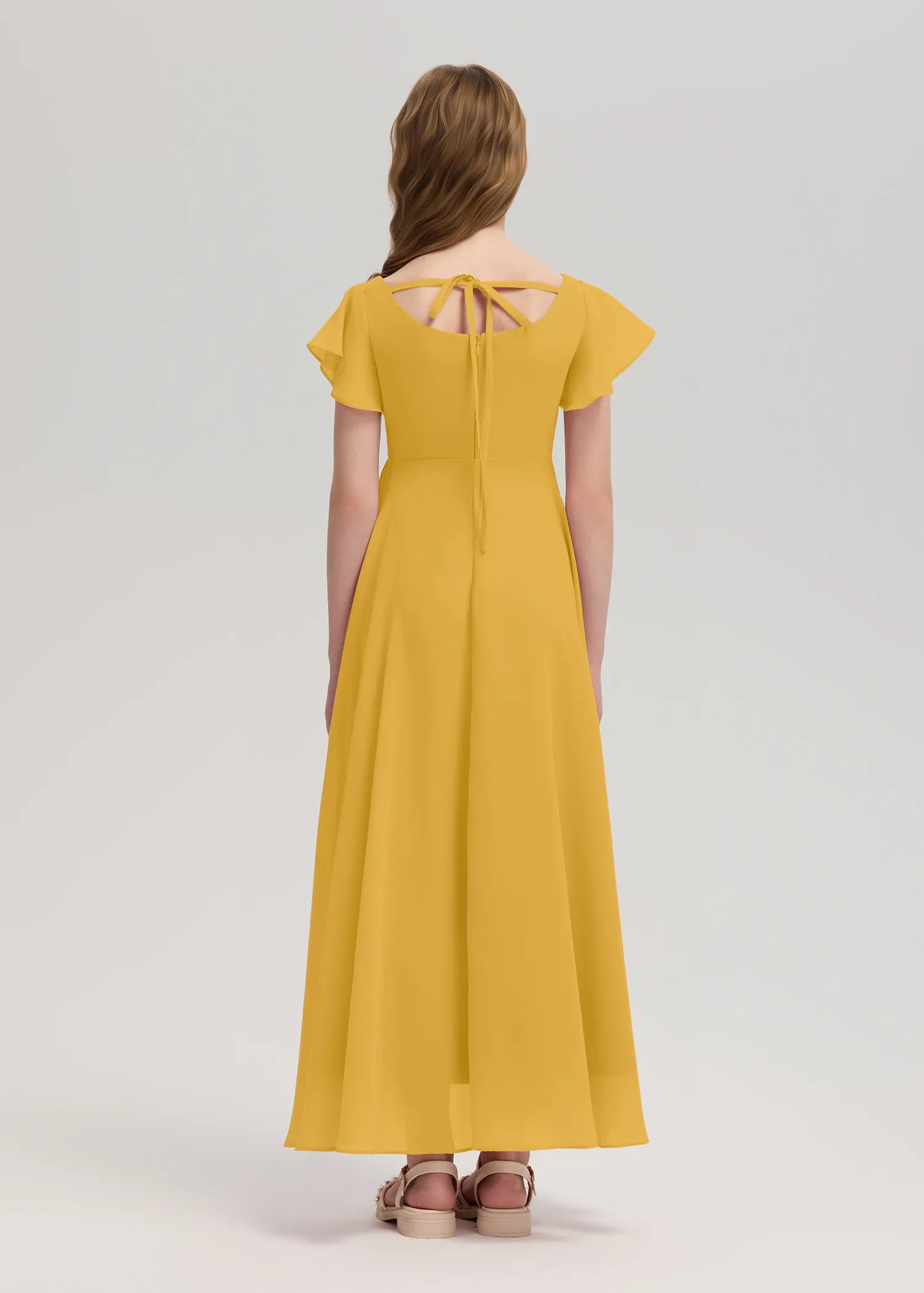 Square Neck Flutter Sleeve Chiffon Dress -[Yellow]