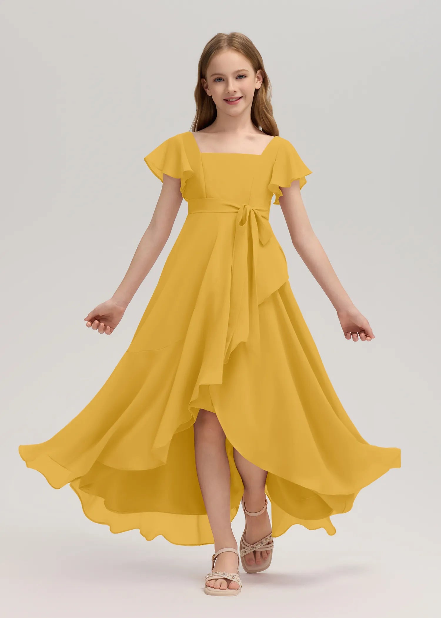 Square Neck Flutter Sleeve Chiffon Dress -[Yellow]