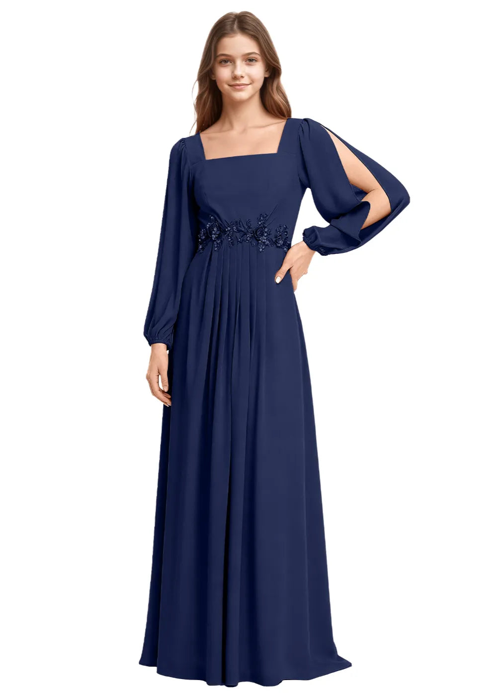 Embellished Square Neck Chiffon Bridesmaid Gown
