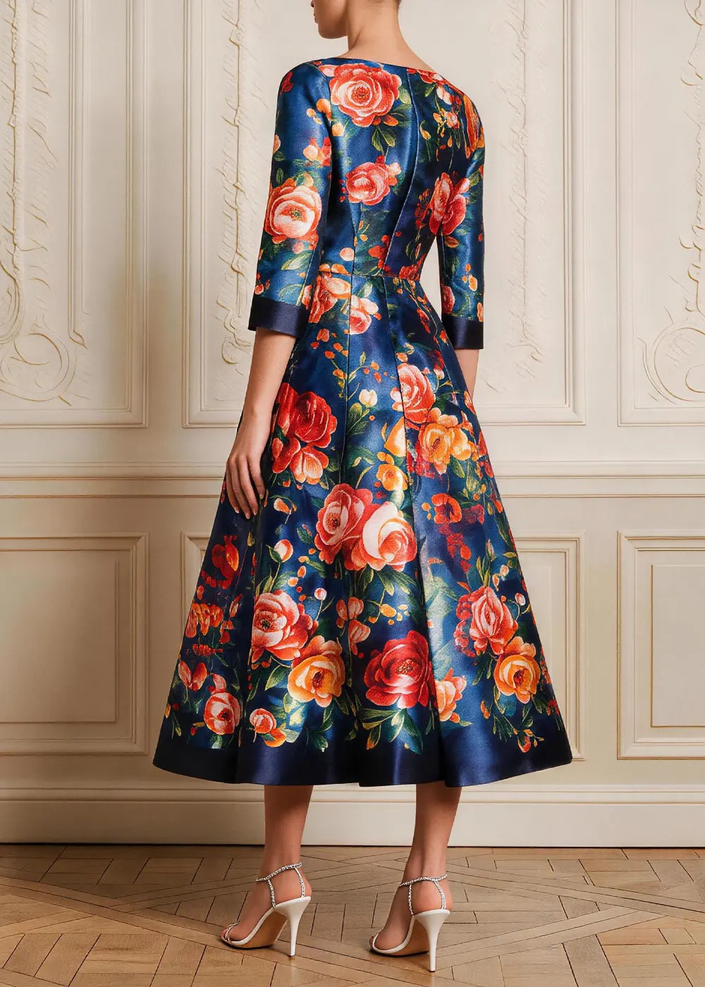Navy Floral V-Neck Satin A-Line Midi Dress
