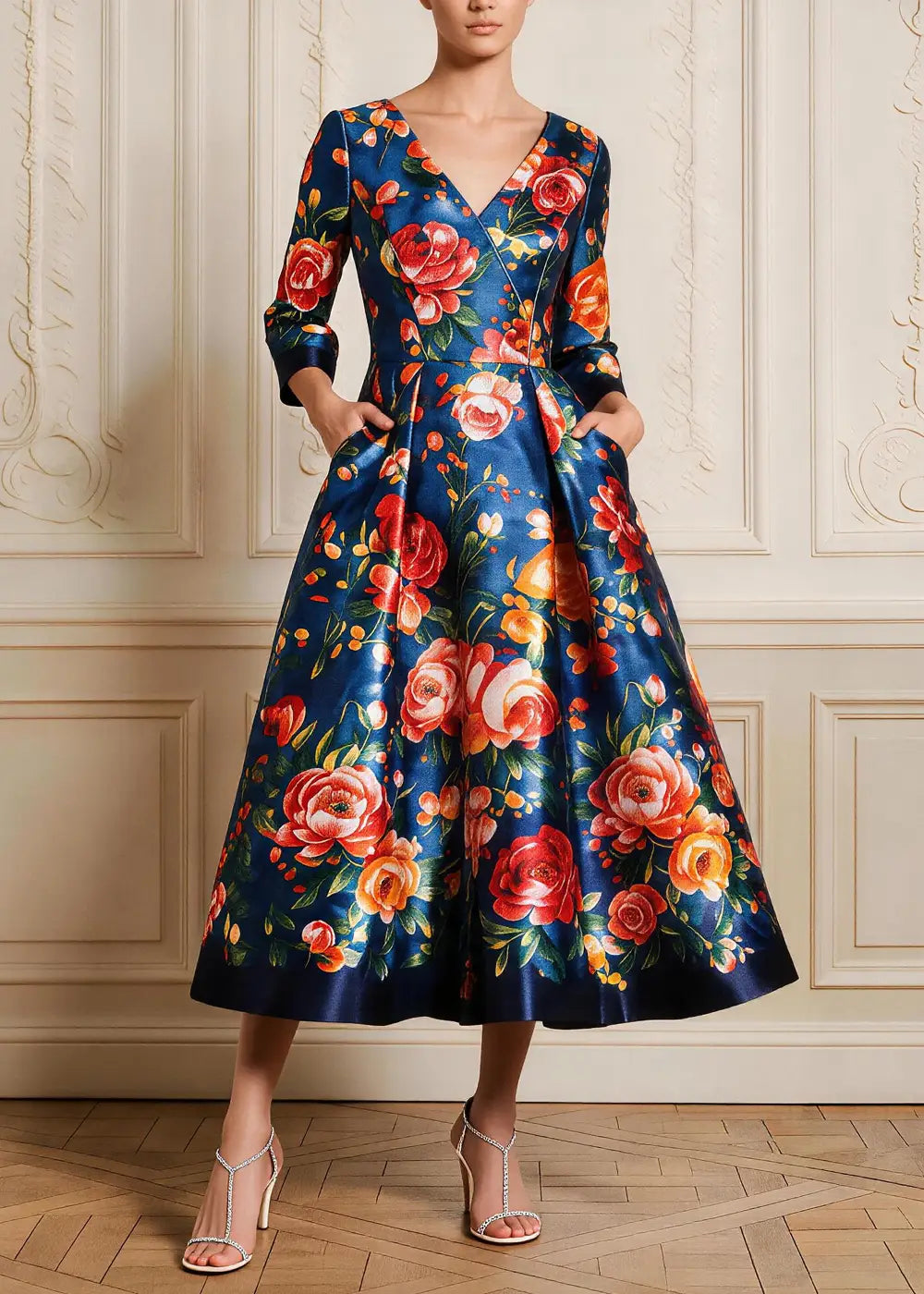 Navy Floral V-Neck Satin A-Line Midi Dress