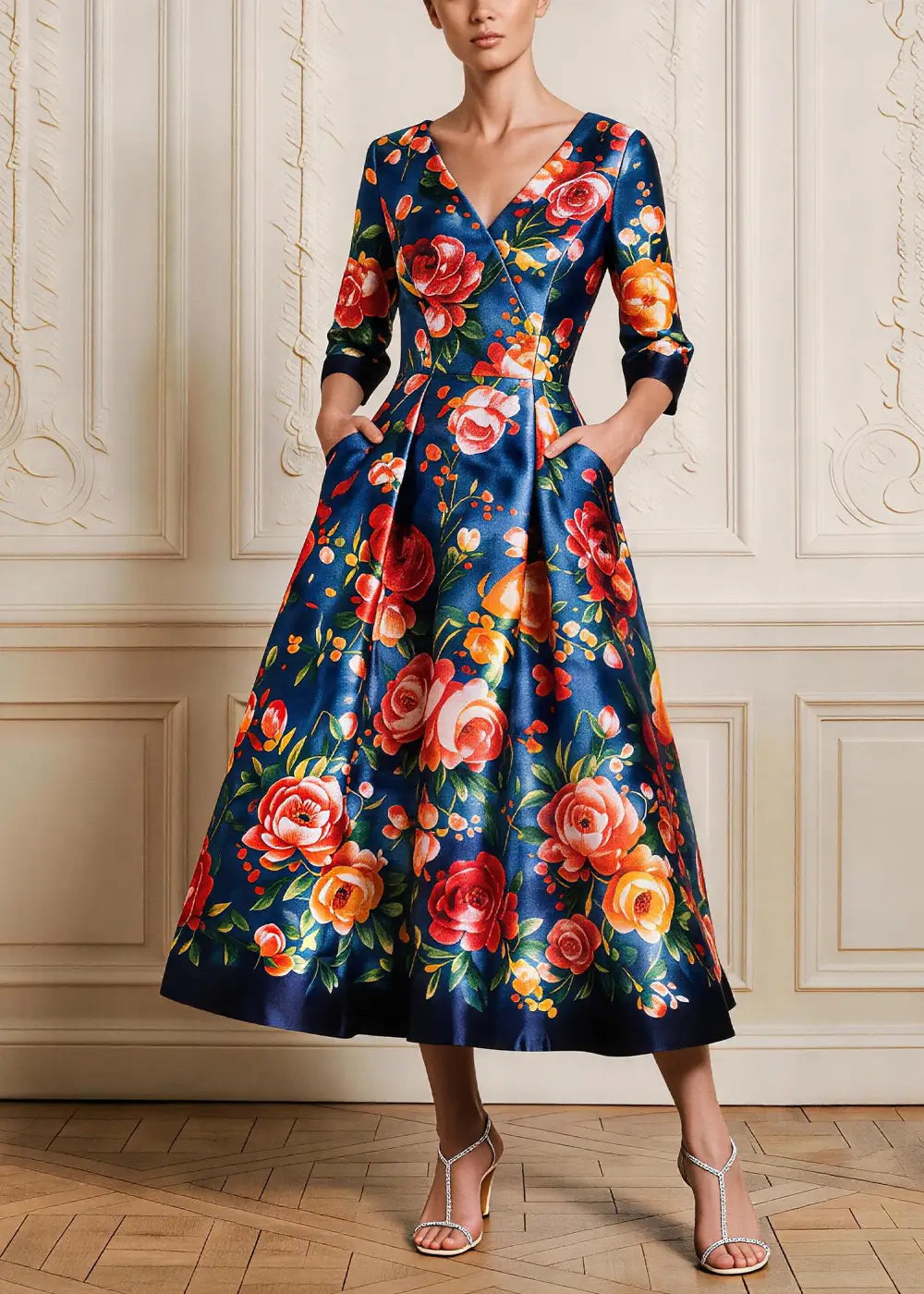 Navy Floral V-Neck Satin A-Line Midi Dress