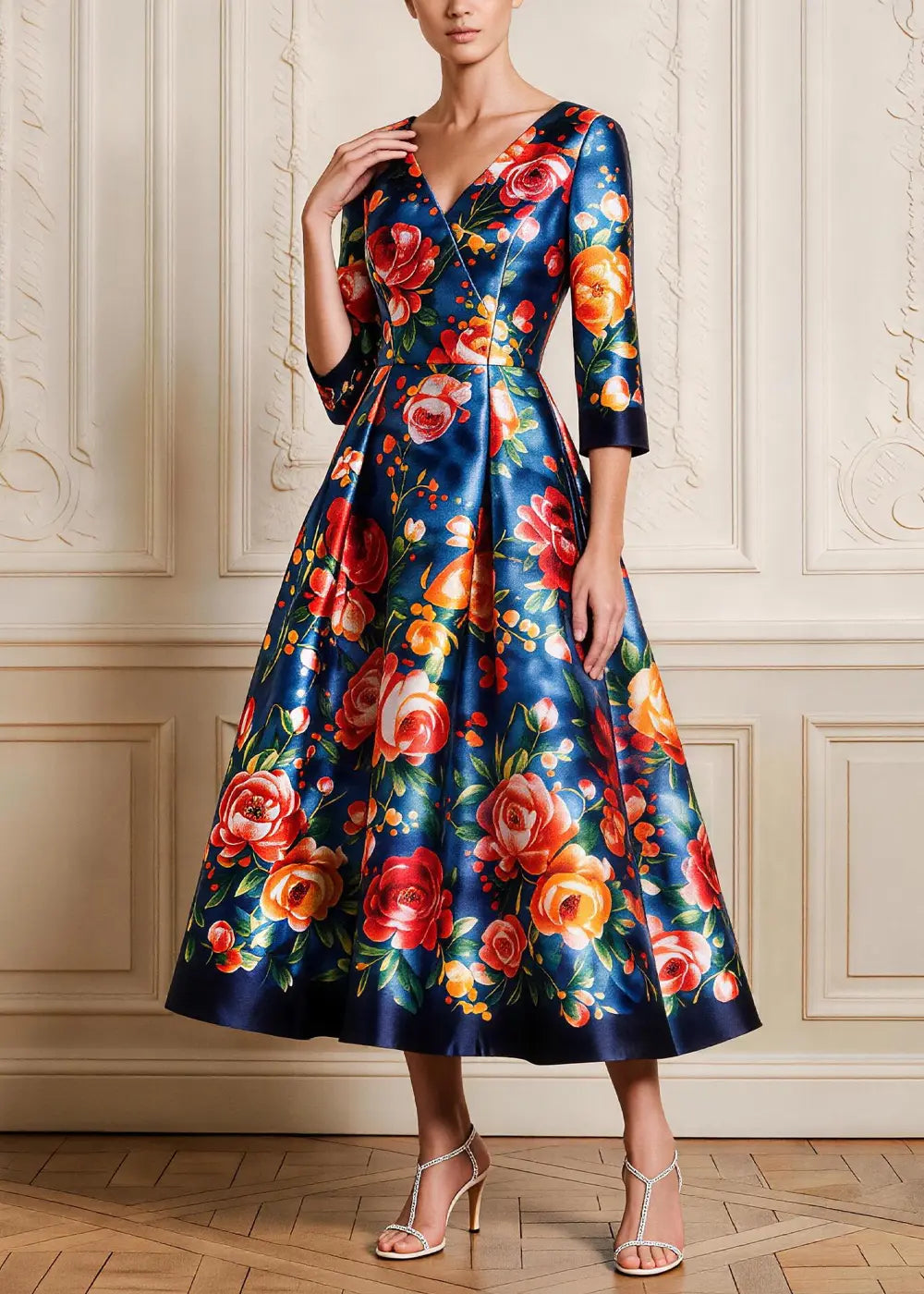 Navy Floral V-Neck Satin A-Line Midi Dress