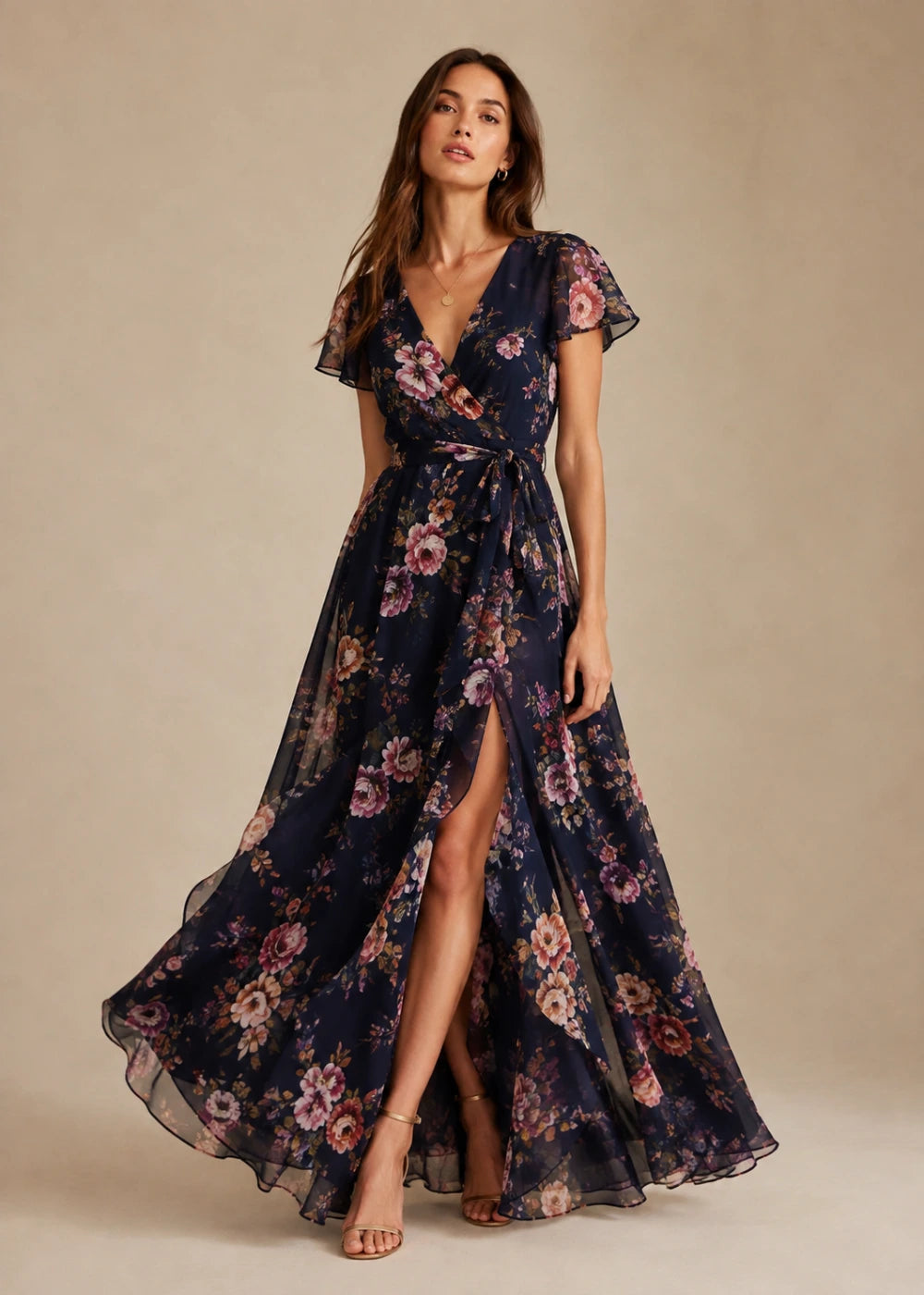 Navy Floral Wrap Flutter-Sleeve Maxi Dress