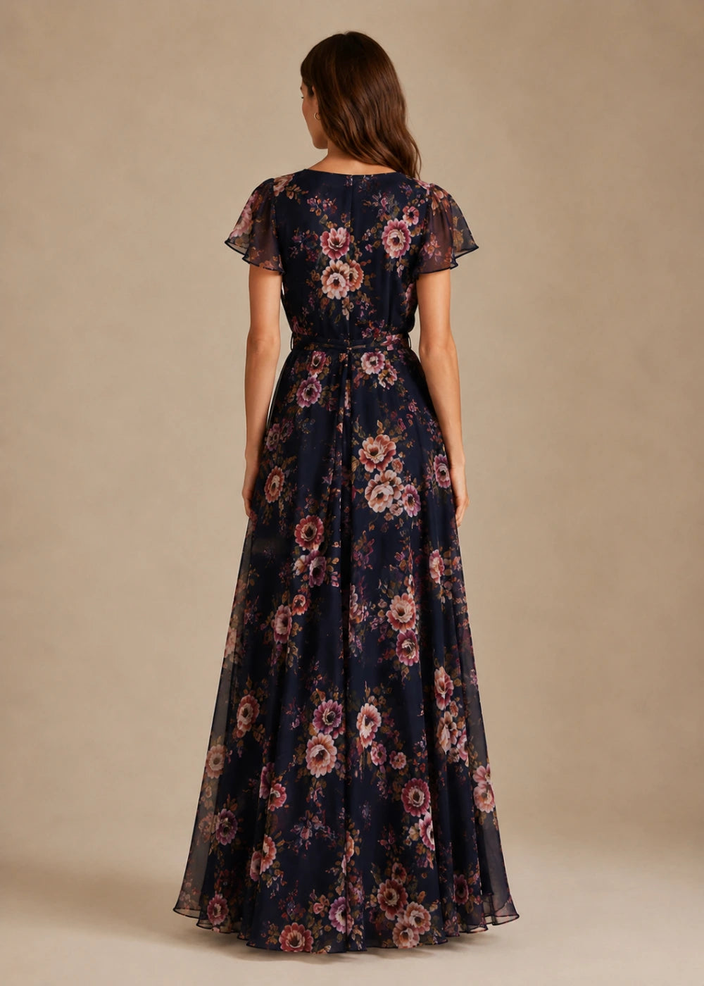 Navy Floral Wrap Flutter-Sleeve Maxi Dress