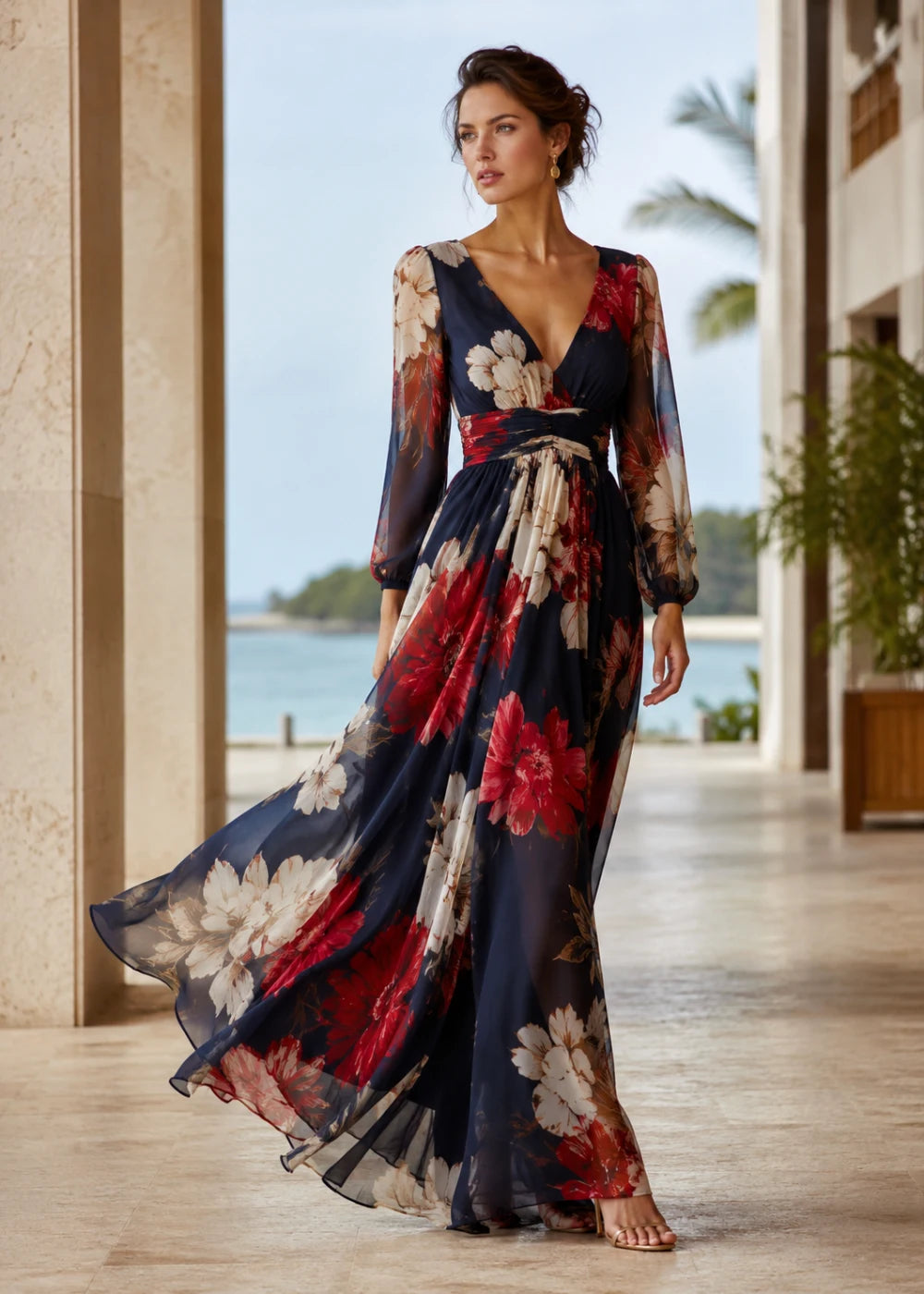 Navy Red Floral Long-Sleeve Chiffon Maxi Dress