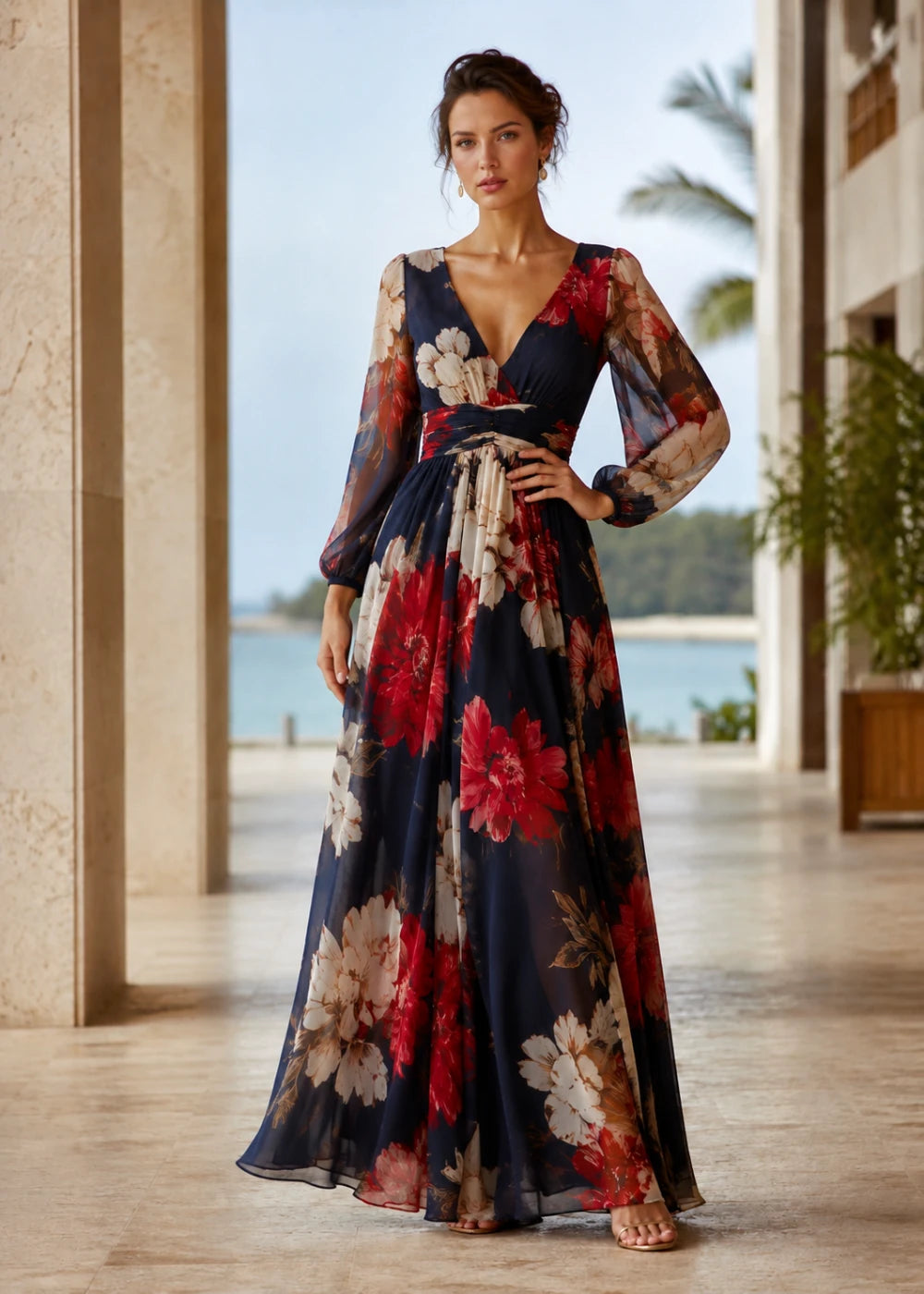Navy Red Floral Long-Sleeve Chiffon Maxi Dress