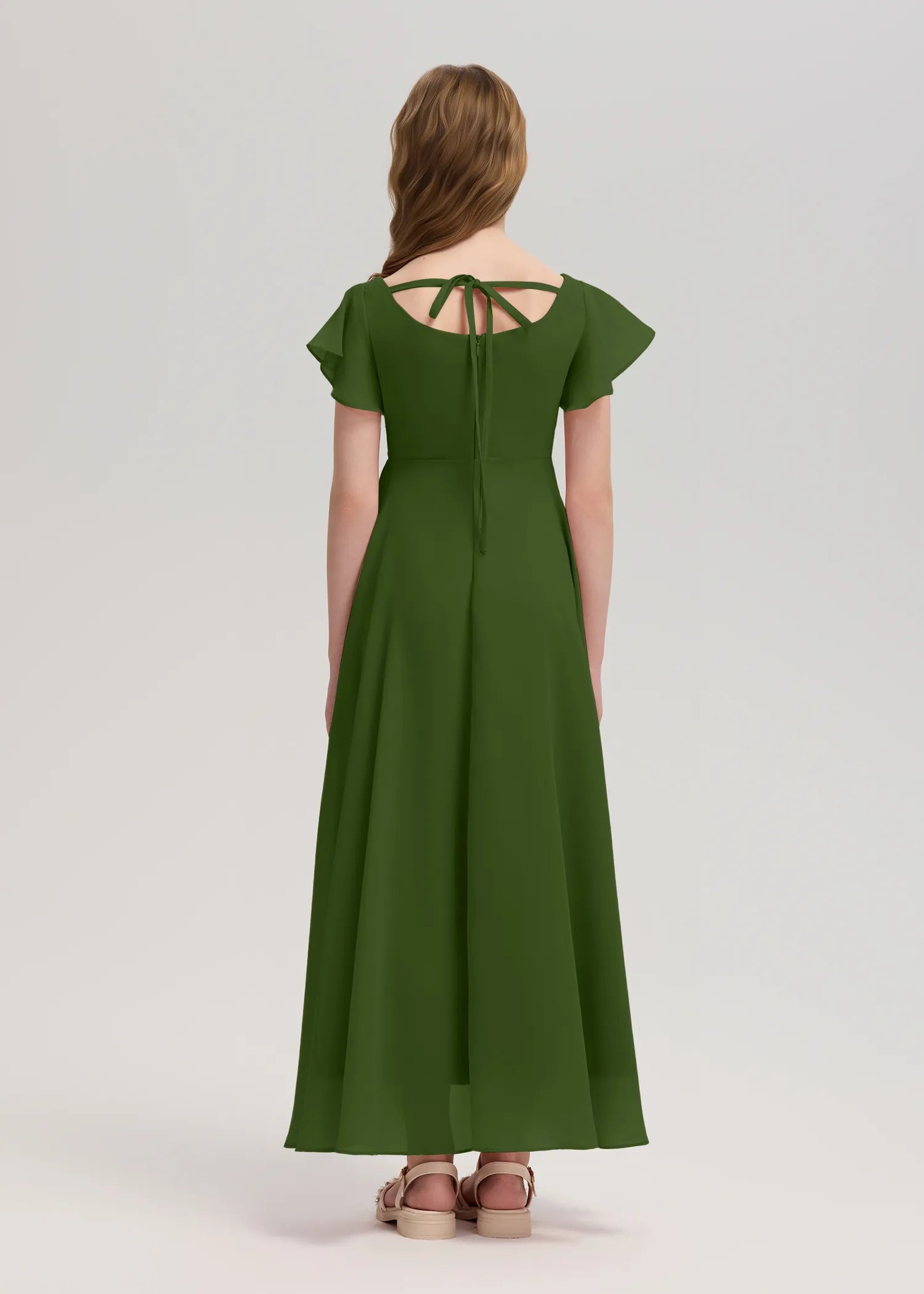 Square Neck Flutter Sleeve Chiffon Dress -[Green]