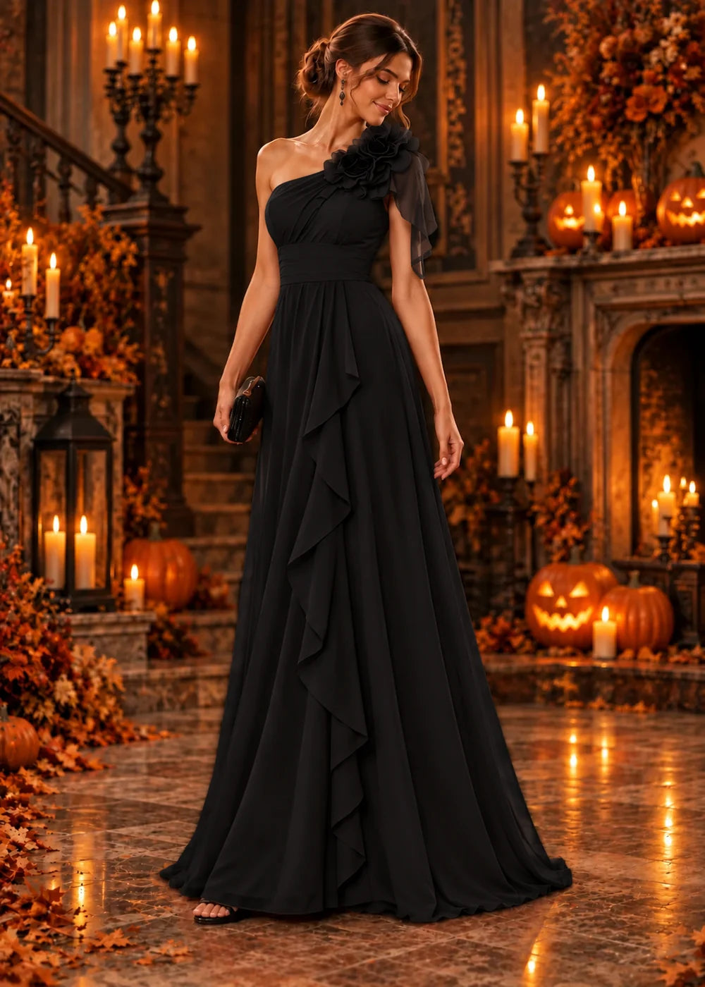 Front view of the black evening gown with a one-shoulder neckline with a floral ruffle and a floor-length skirt.