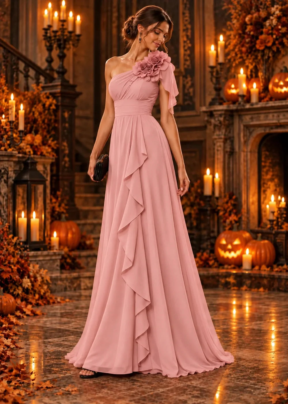 Front view of the blush pink evening gown with a one-shoulder neckline with a floral ruffle and a floor-length skirt.